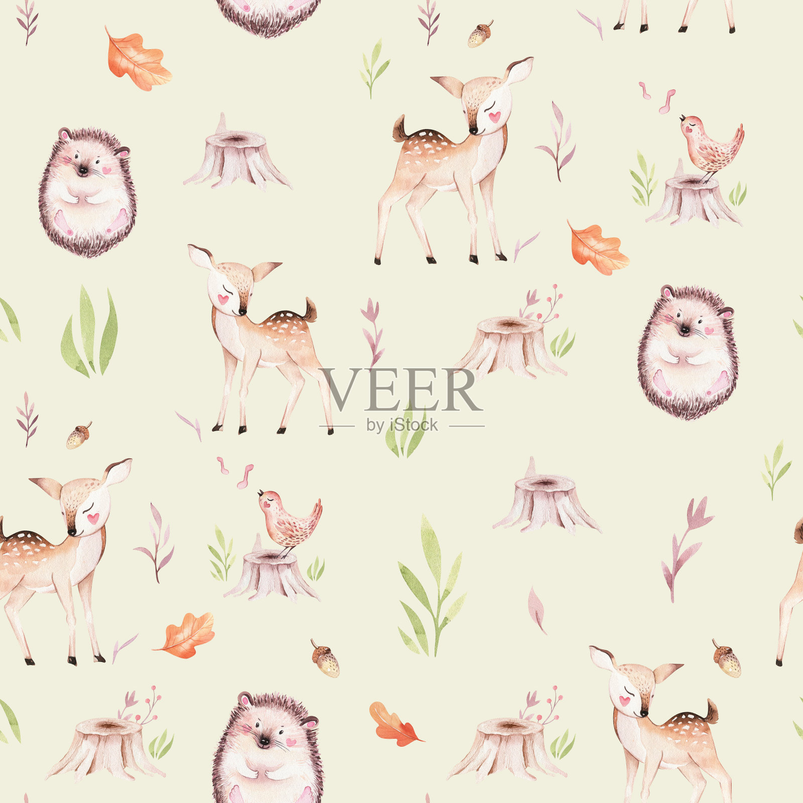 可爱的小狐狸、小鹿动物幼兔和小熊孤立插图图案。水彩画波西森林画，水彩画，刺猬形象，适合苗圃海报，图案插画图片素材