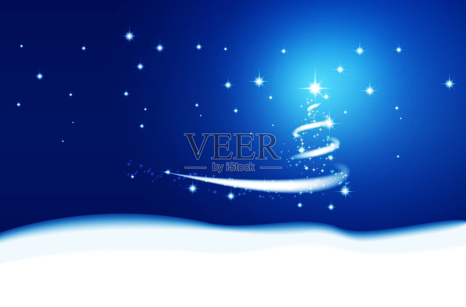 圣诞树，暴风雪，星星，雪花，天空，夜晚，蓝色背景为新年项目。冬天的背景。插画图片素材