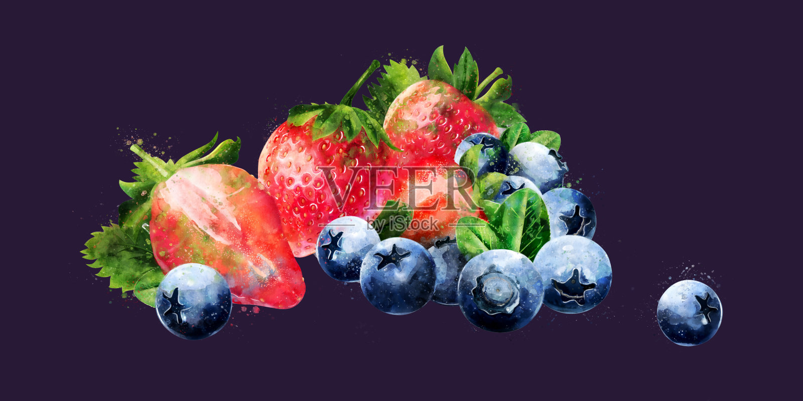 深色背景上的蓝莓和草莓。水彩插图插画图片素材