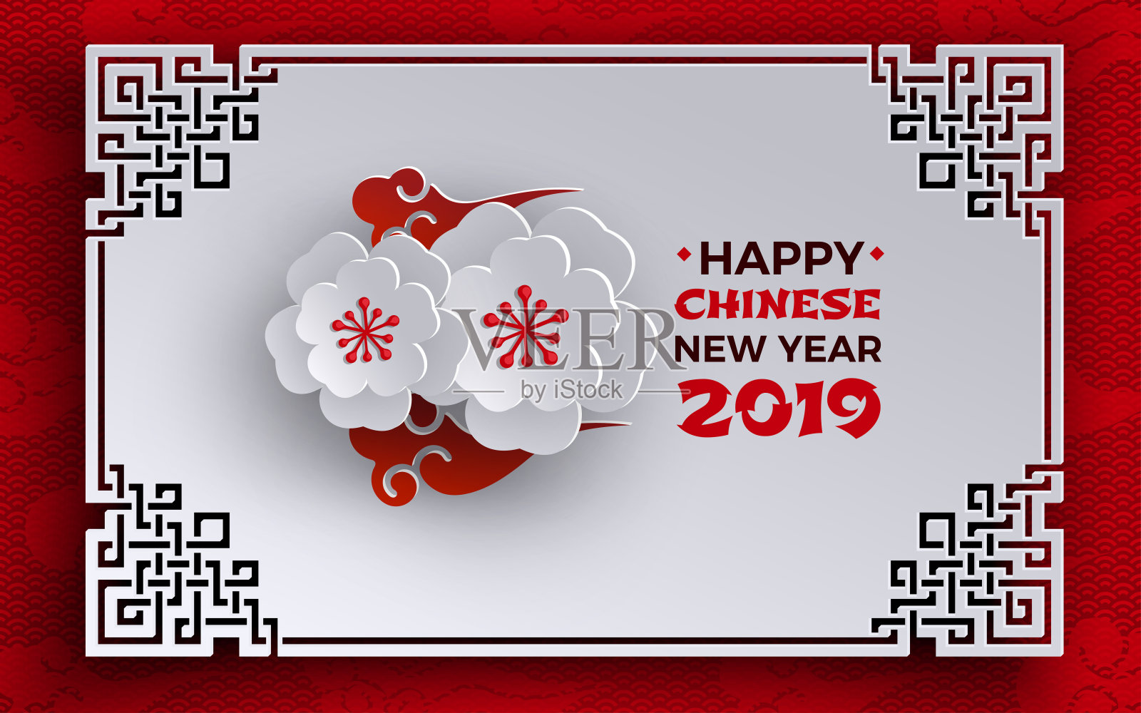 中国新年2019横幅。东方画框，樱花樱花，红色图案背景，中国云彩。贺卡、横幅、海报的设计元素。纸剪出风格，矢量设计模板素材
