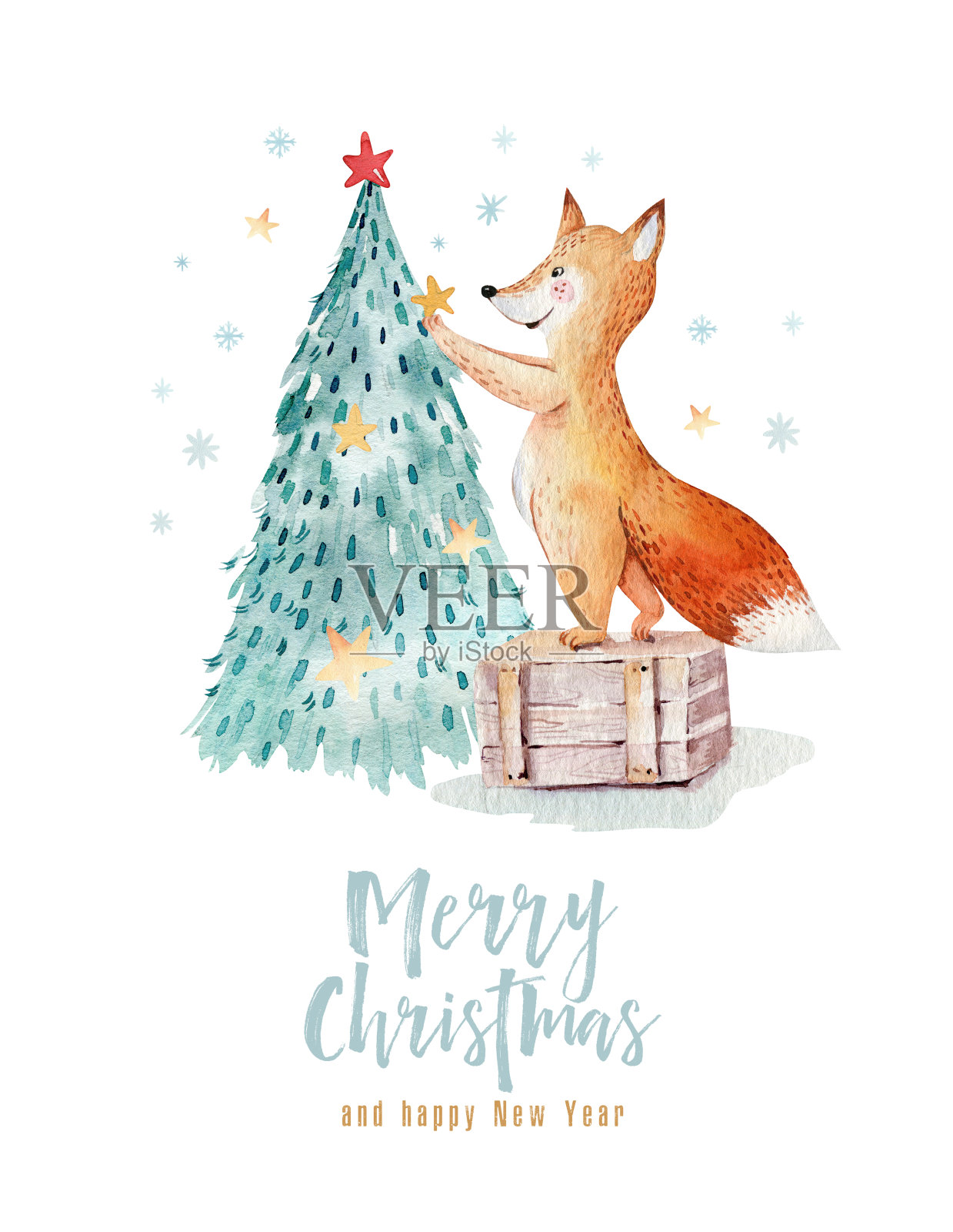 水彩金色圣诞快乐插图雪人，圣诞树，节日可爱的动物狐狸，兔子和刺猬。庆祝圣诞卡片。冬季新年设计。设计元素图片
