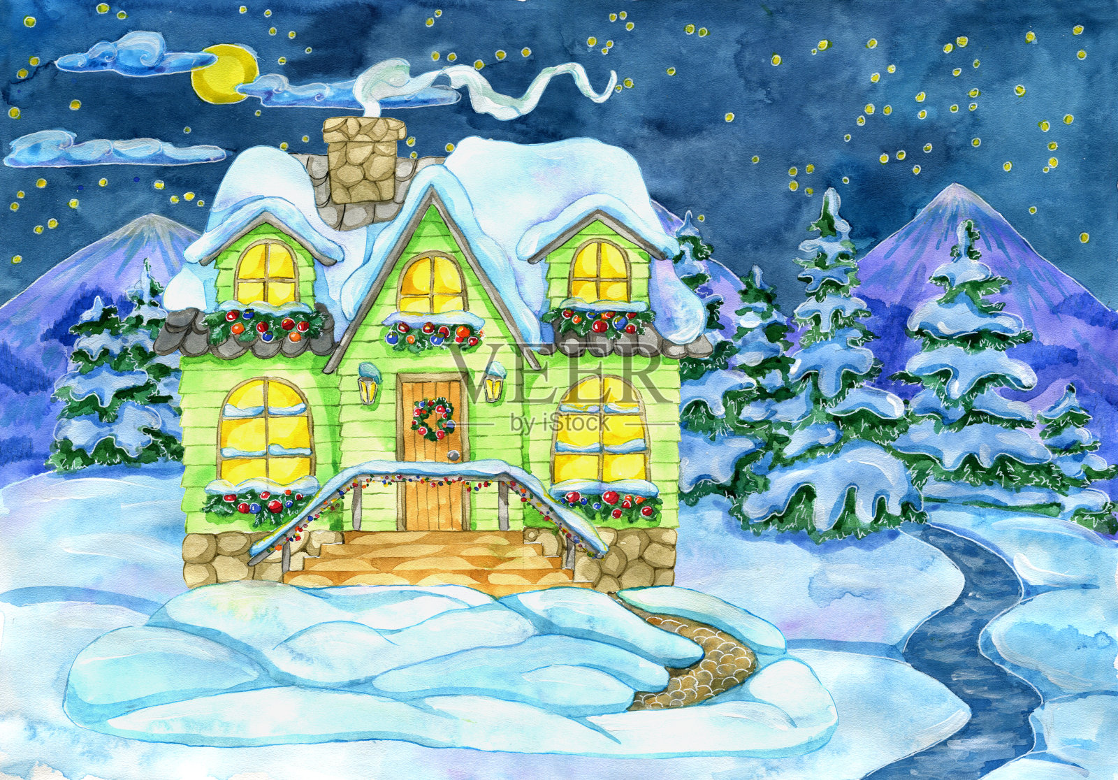 冬季插图与装饰小屋和冷杉森林冰河插画图片素材