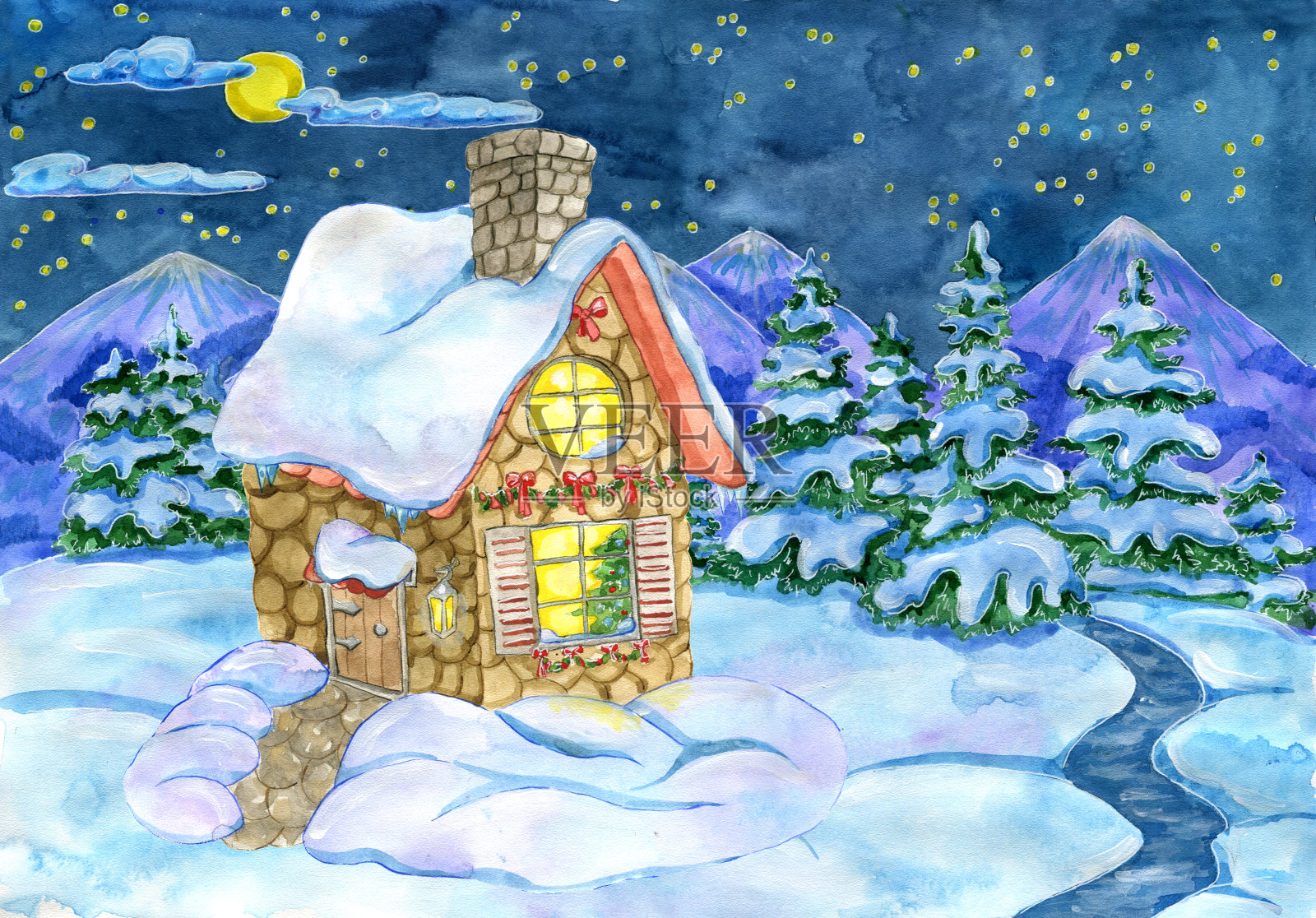 冬季插图与可爱的小屋，杉木森林和河流插画图片素材