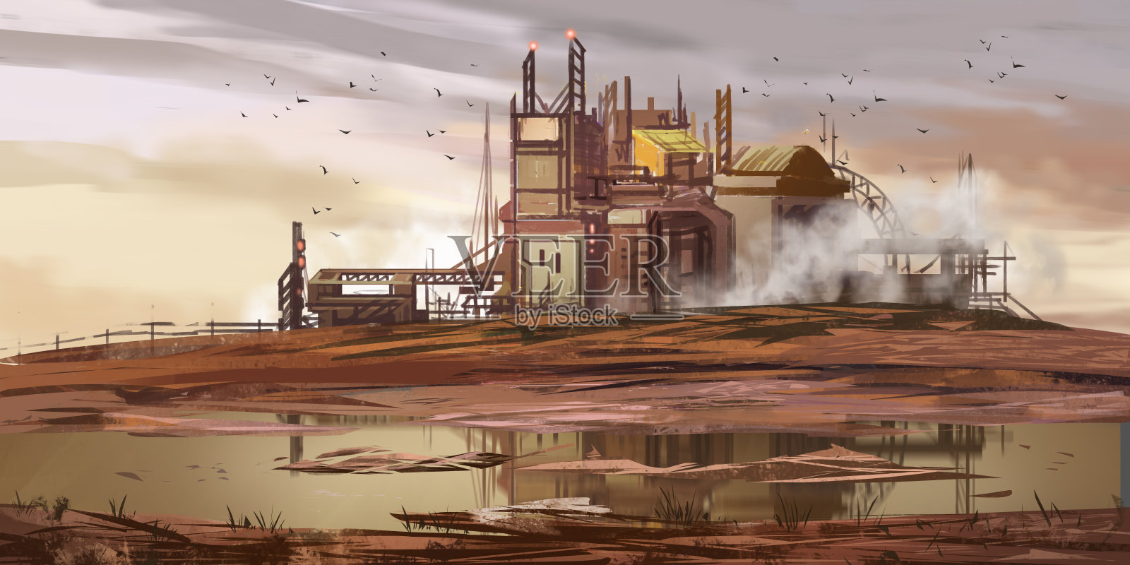 废弃的工厂。废弃的矿井。小说的背景。概念艺术插画图片素材