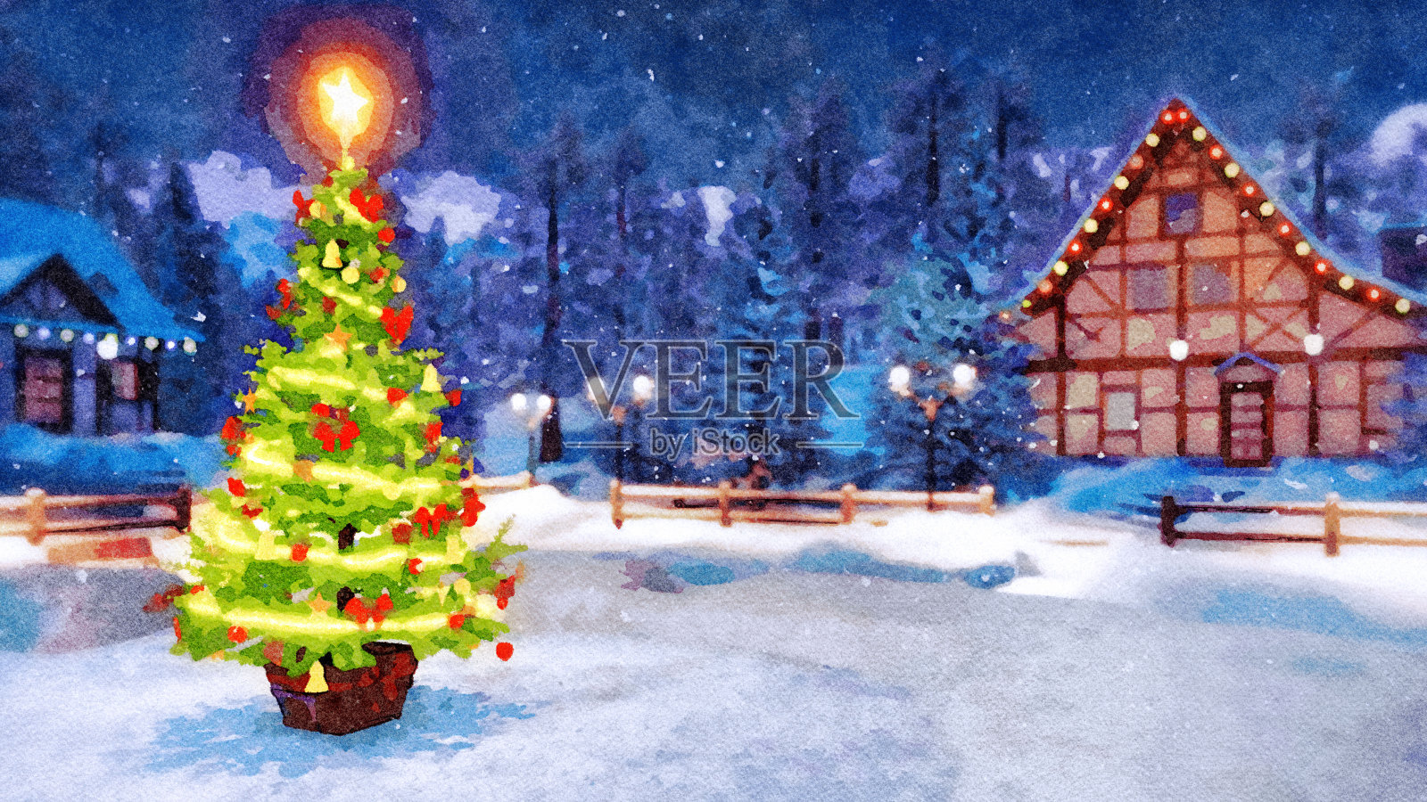 圣诞树在夜晚的乡村景观水彩画插画图片素材