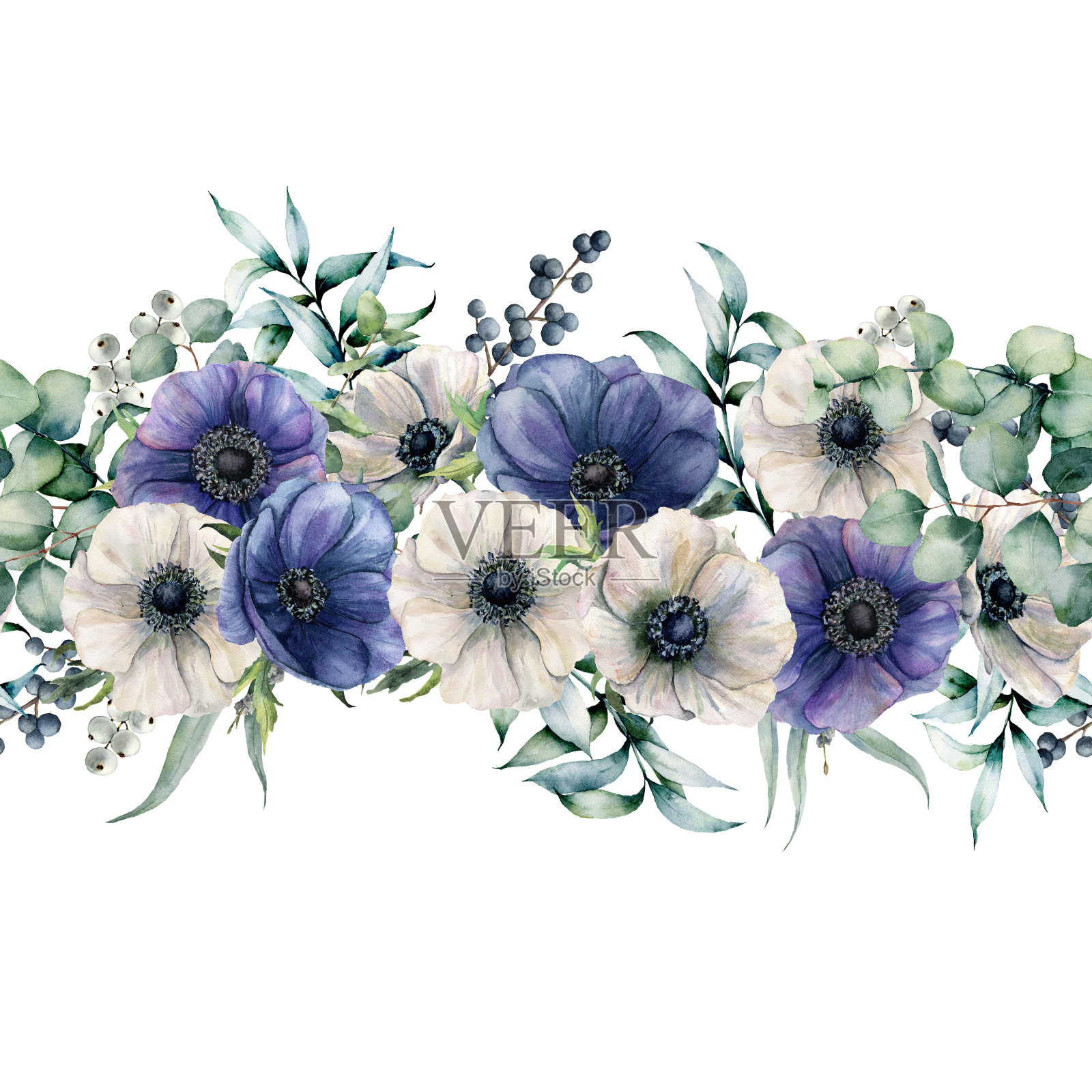 水彩无缝花束与蓝色和白色的海葵。手绘的花与桉树叶和树枝，浆果孤立在白色的背景。花优雅的插图设计，印刷插画图片素材