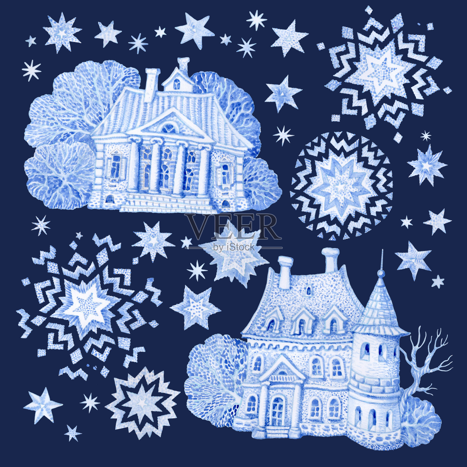 一套幻想的建筑物与圣诞星和雪花。手工绘制的蓝色水彩童话老城房子孤立在黑暗的靛蓝背景。冬季景观t恤印花。、问候卡或请帖插画图片素材