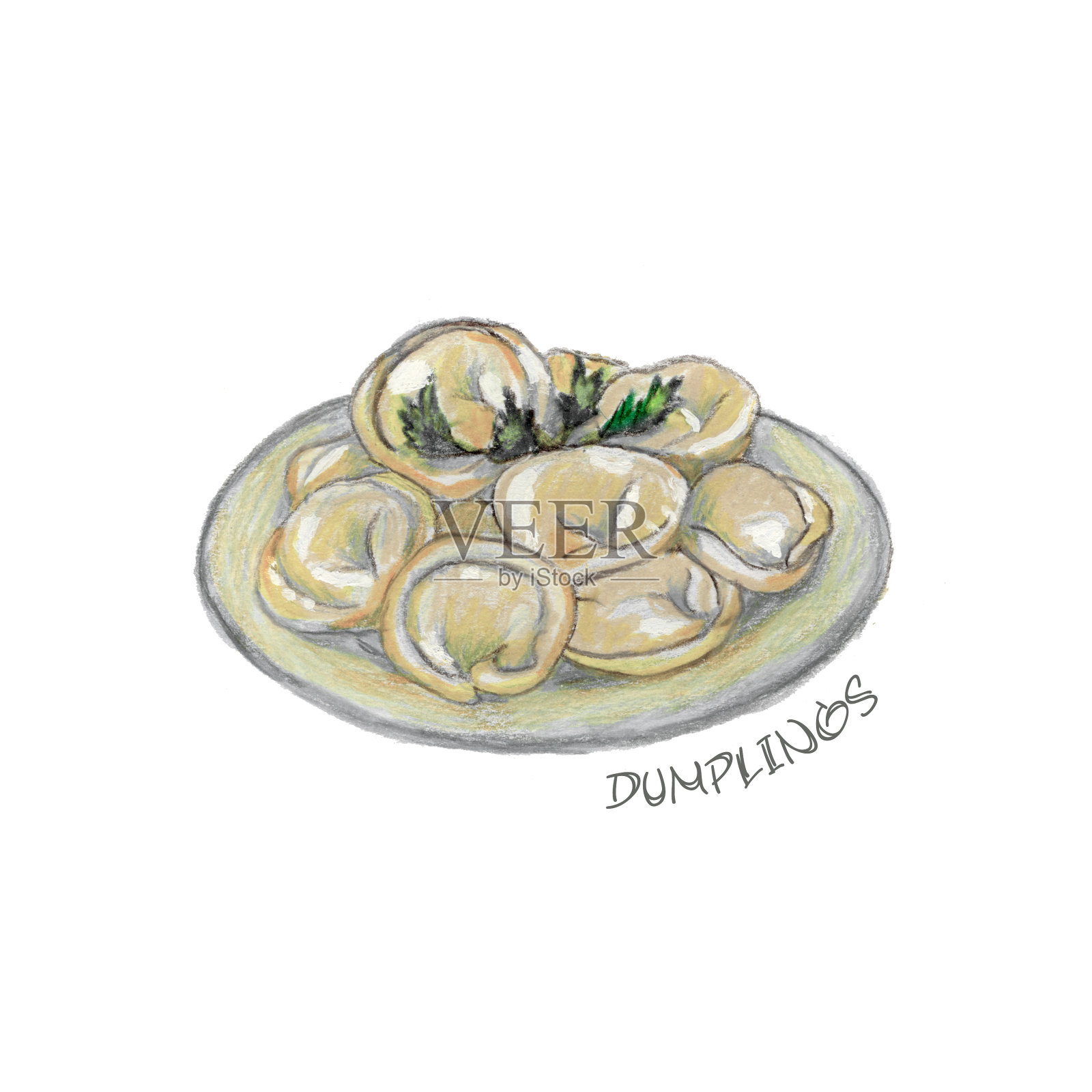 手绘饺子食品速写盘插画图片素材