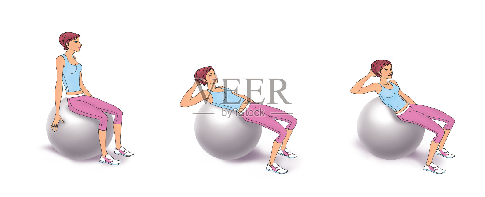 那个女孩坐在健身球上做扭身运动插画图片素材