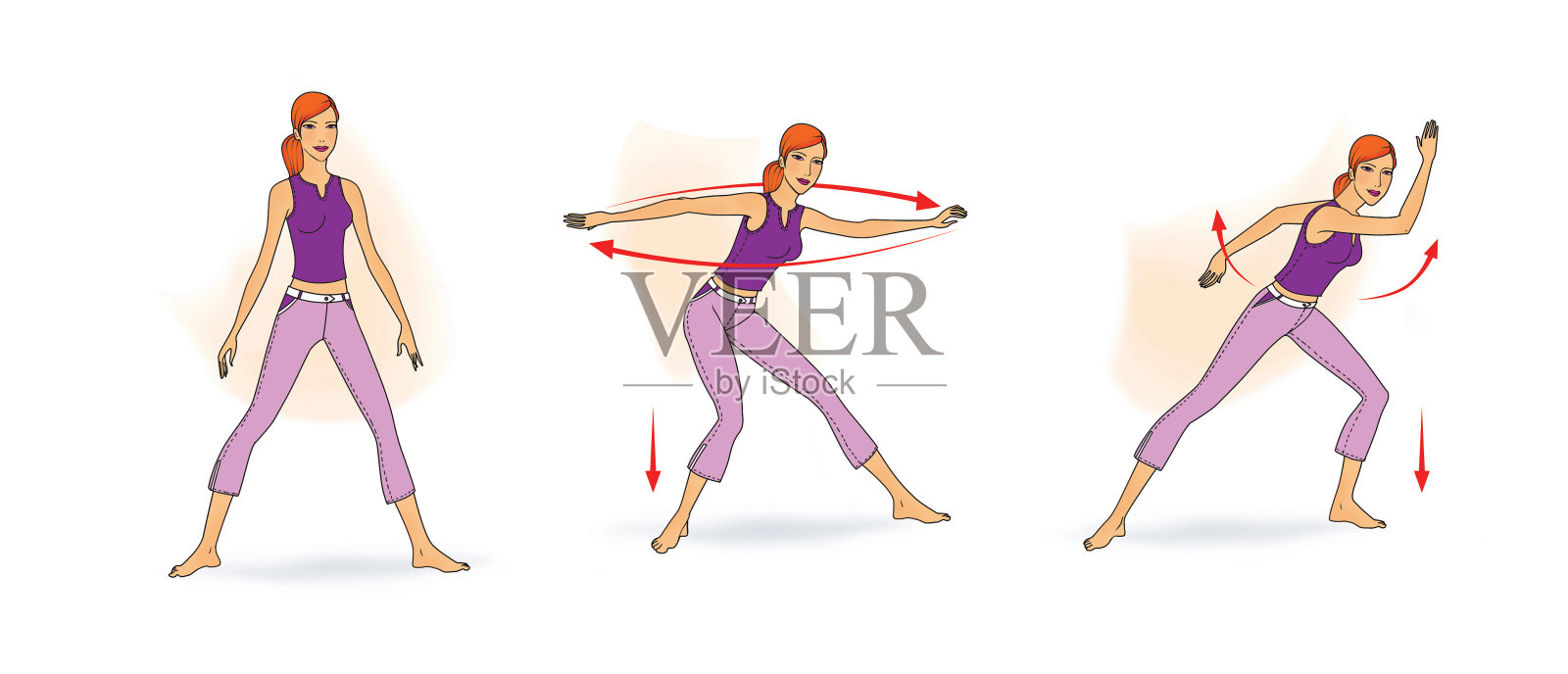 女孩穿着运动服做伸展和平衡练习插画图片素材