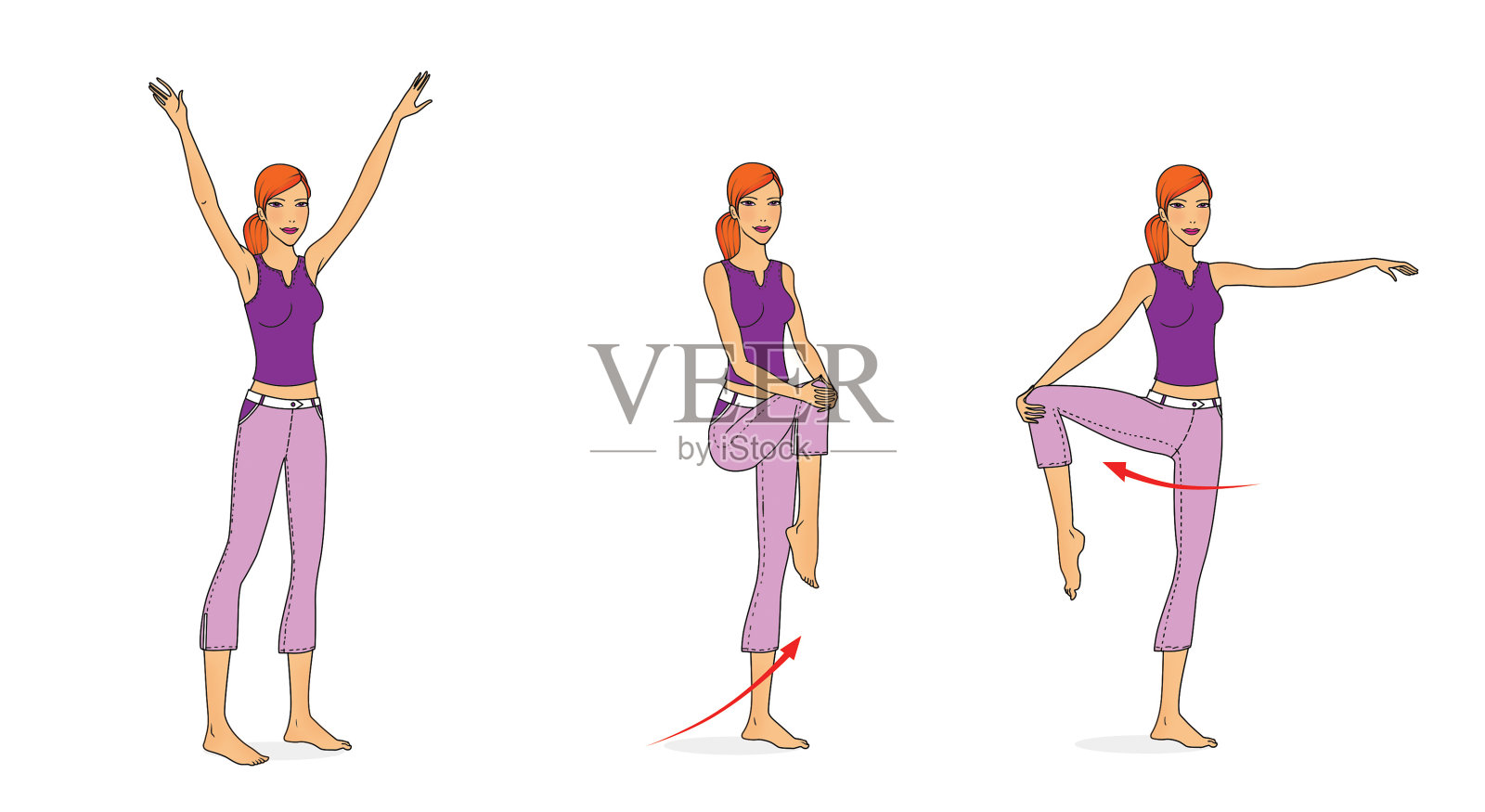 女孩穿着运动服做伸展和平衡练习插画图片素材
