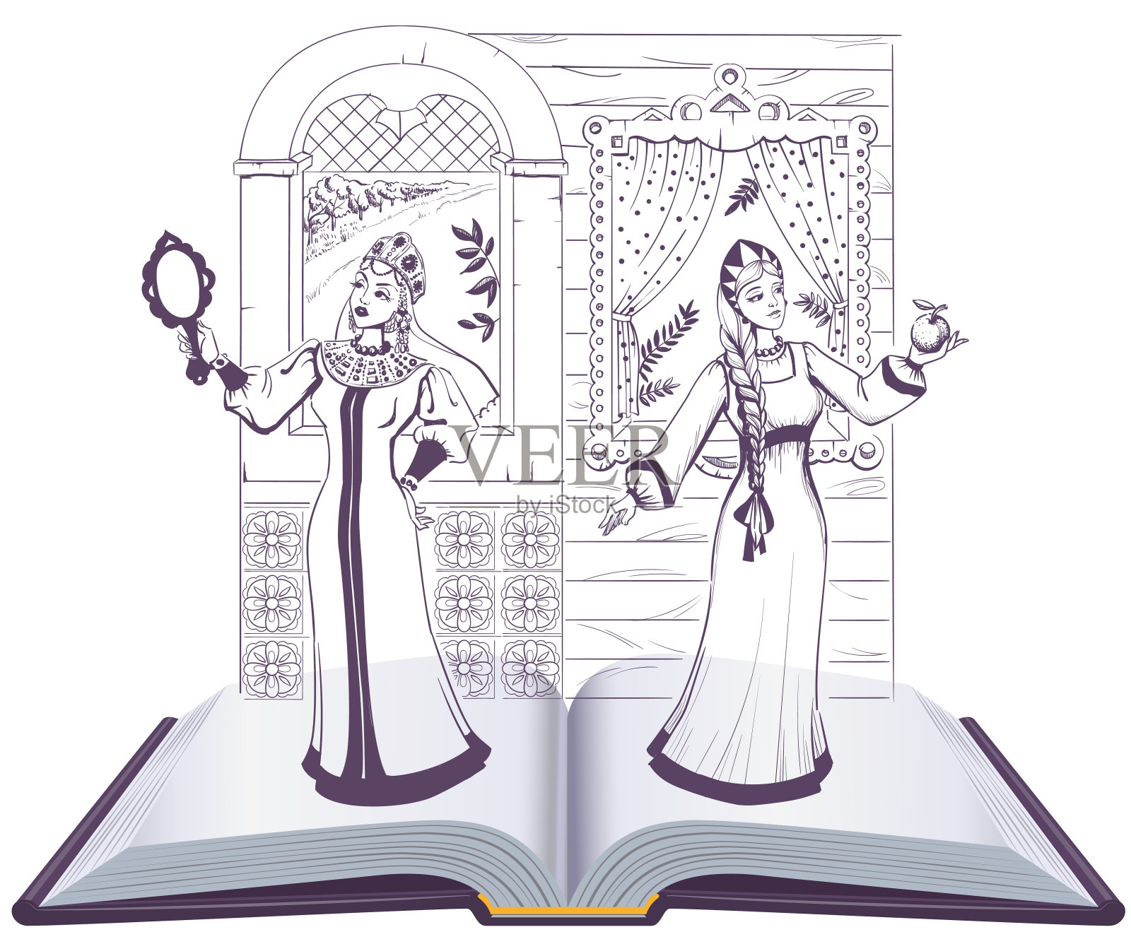 普希金童话中的死去的公主和七个骑士打开的书插画图片素材