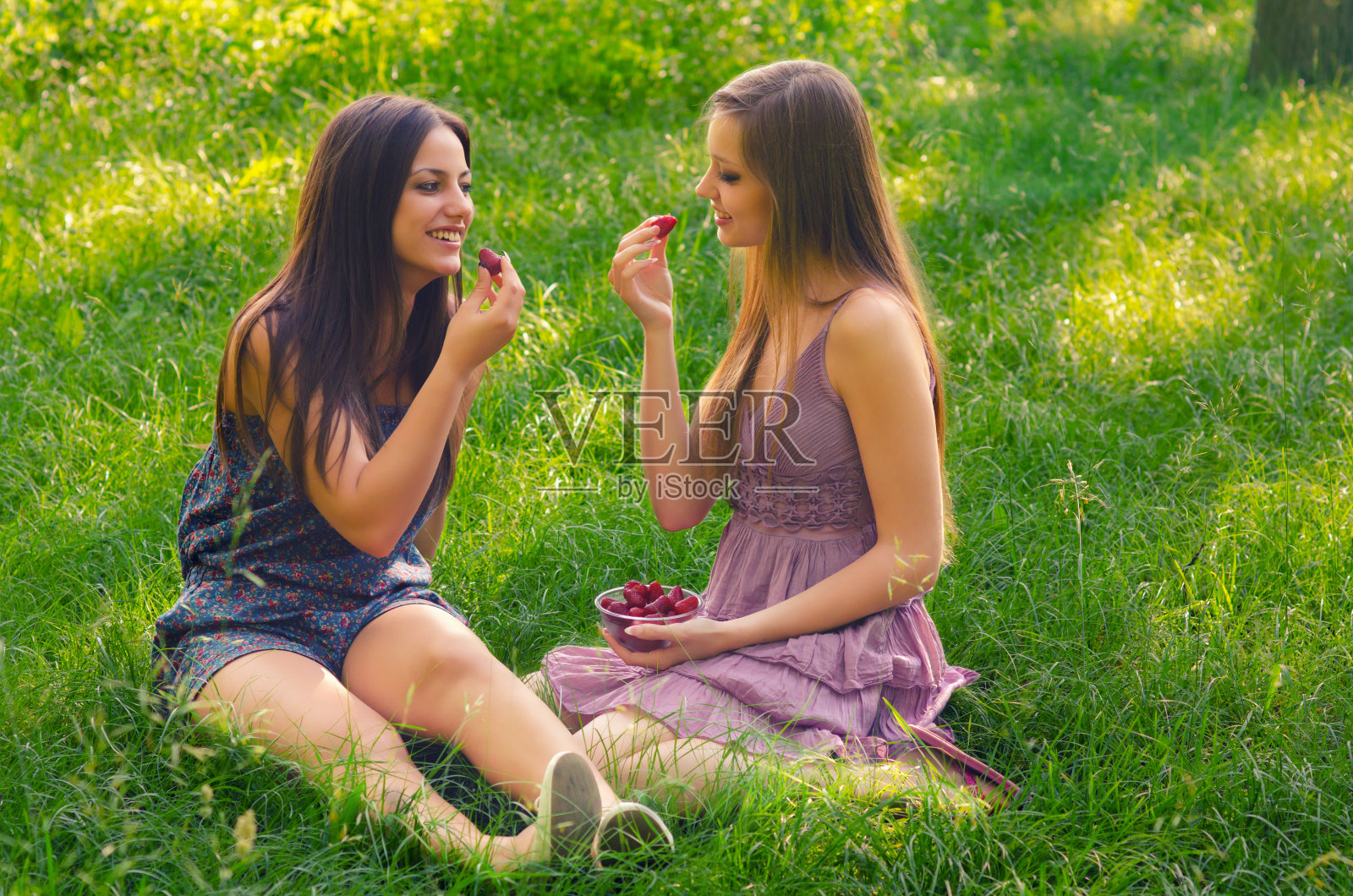女朋友们在夏天的草地上吃草莓照片摄影图片