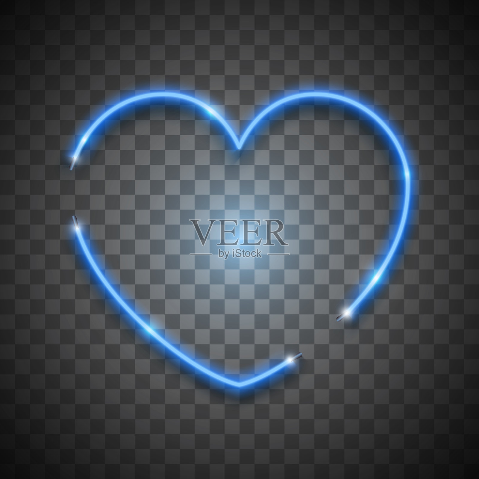 蓝色明亮的矢量霓虹心透明背景，矢量霓虹标志。为情人节设计的孤立元素。设计元素图片