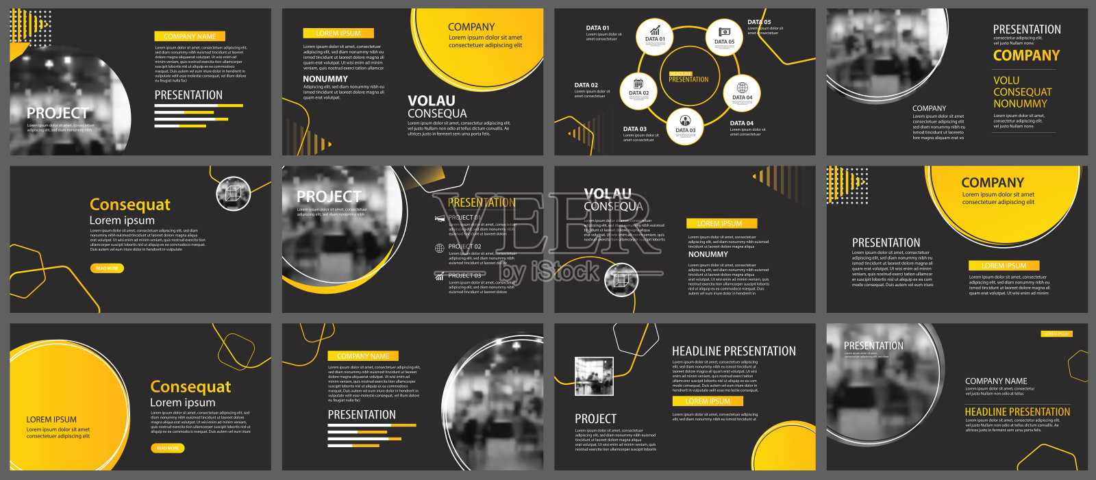 演示文稿和幻灯片布局背景。设计黄色和黑色的圆模板。用于商业年度报告，传单，营销，传单，广告，小册子，现代风格。设计模板素材