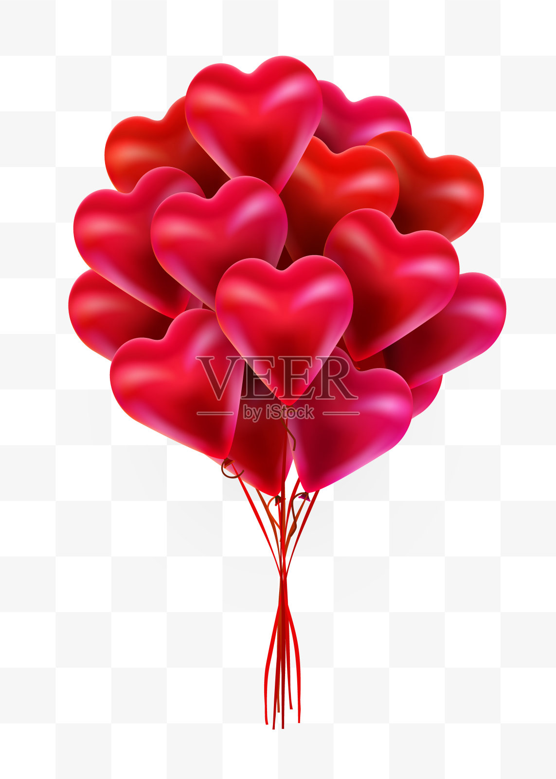在透明的背景上放飞一束红色气球心。情人节插画图片素材