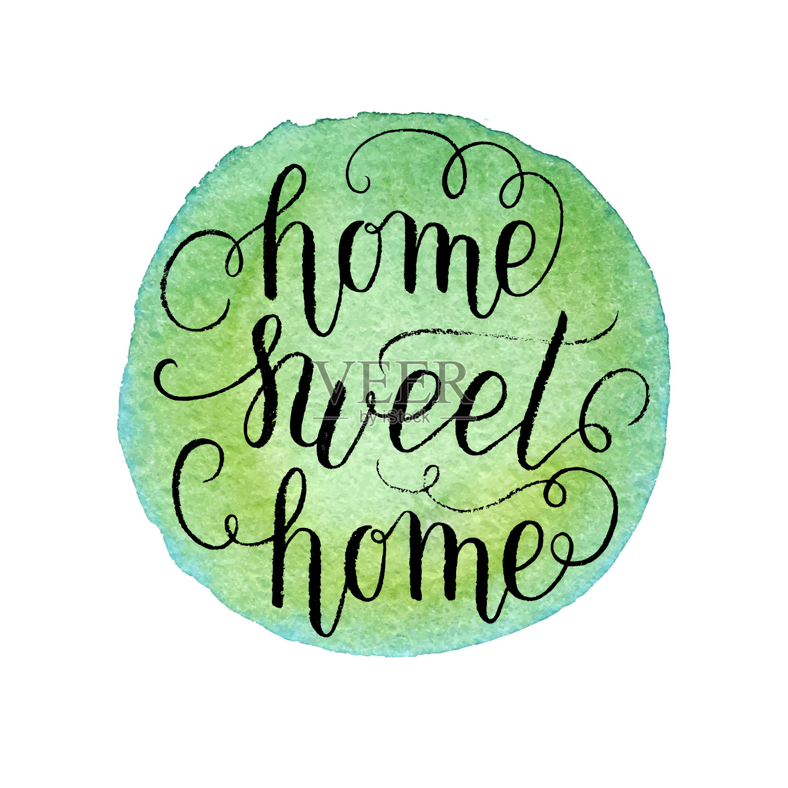 温馨的家贺卡，用心的海报，水彩绿点。矢量背景与手工字母。插画图片素材