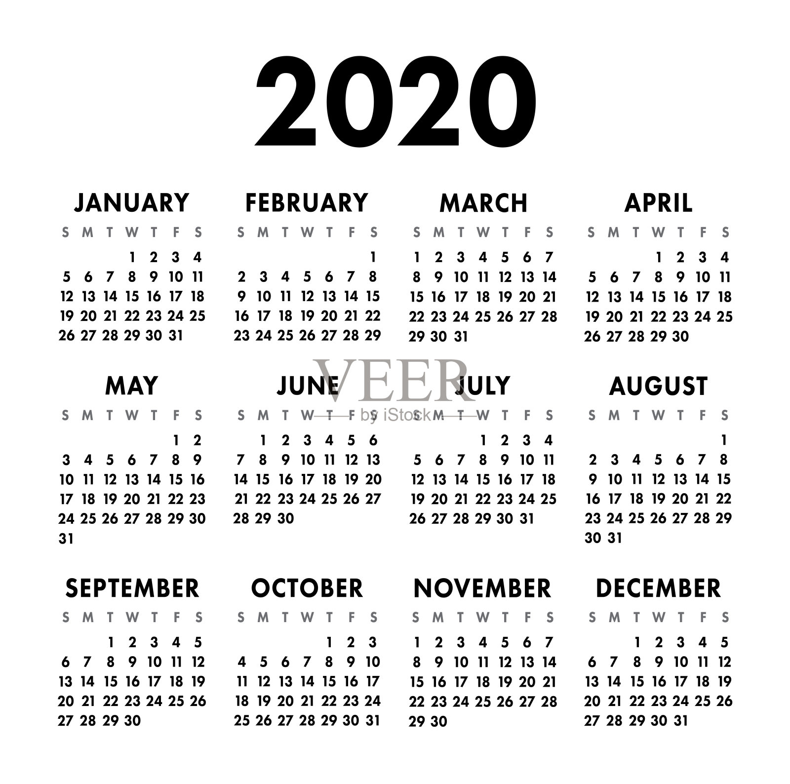 日历2020年。黑白矢量模板。一周从周日开始。基本的网格。方巾日历。准备好设计设计模板素材