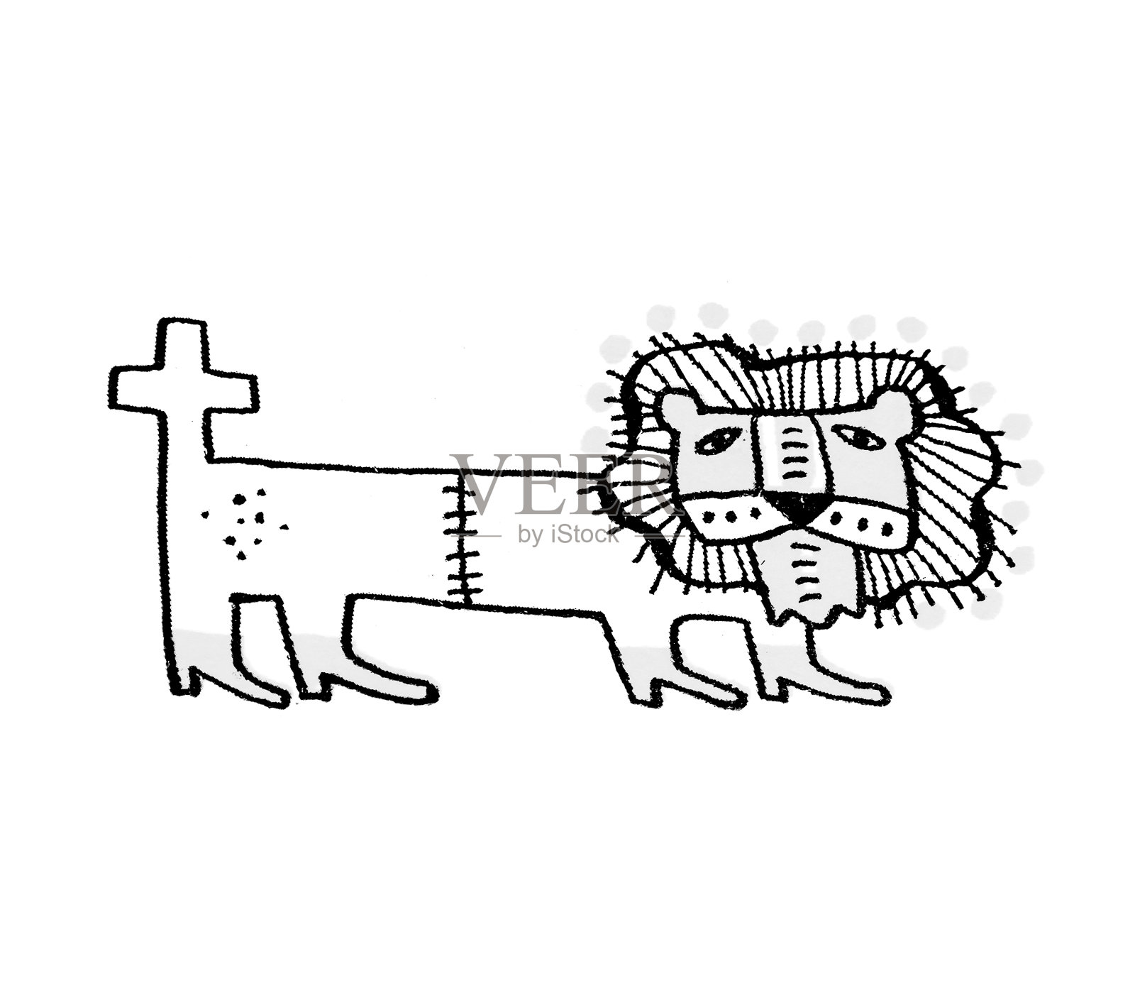 把狮子缝成两半，有人的腿和交叉的尾巴。插画图片素材