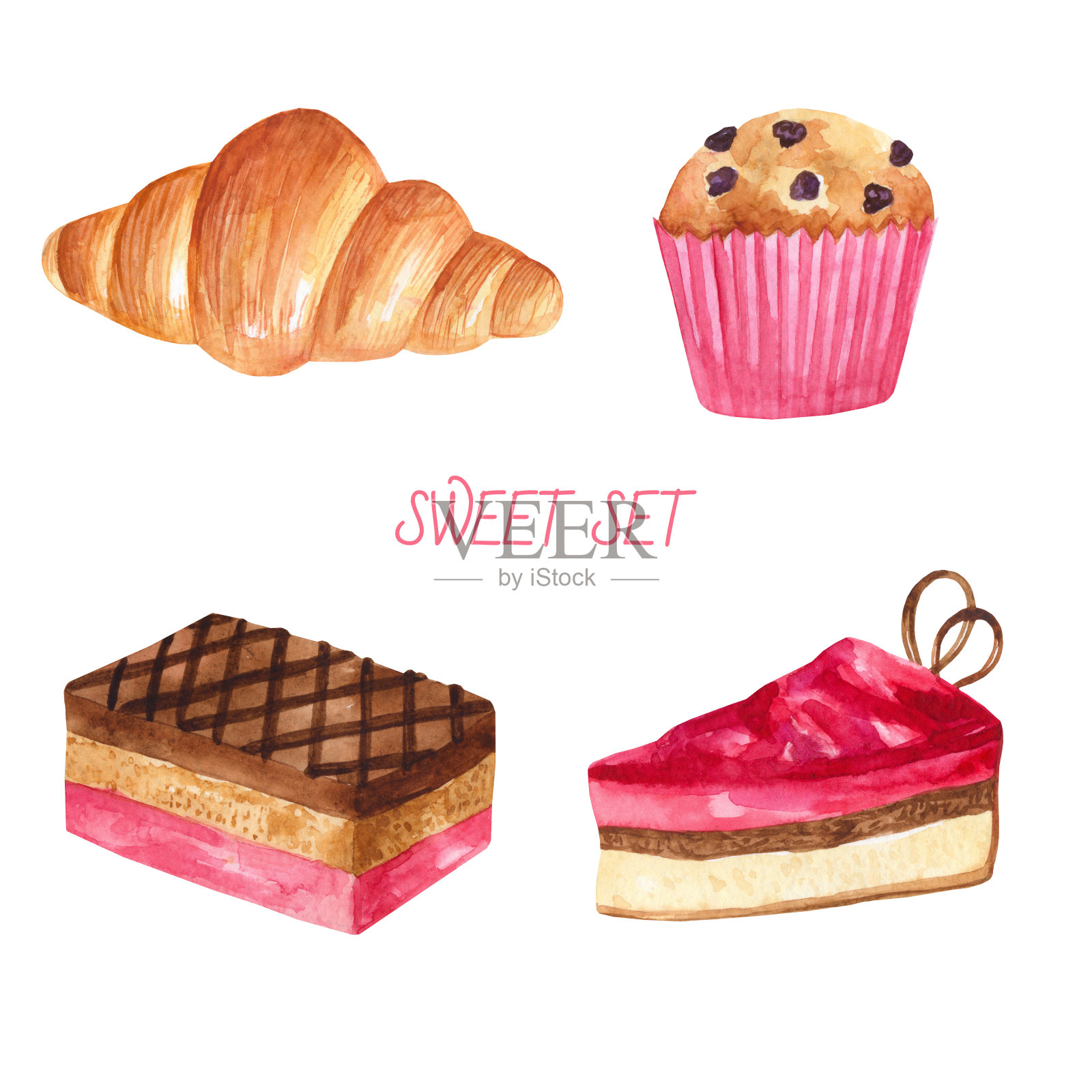 一套水彩甜点和糕点:蛋糕，糕点，糖果，巧克力，泡芙，松饼，甜甜圈。插画图片素材