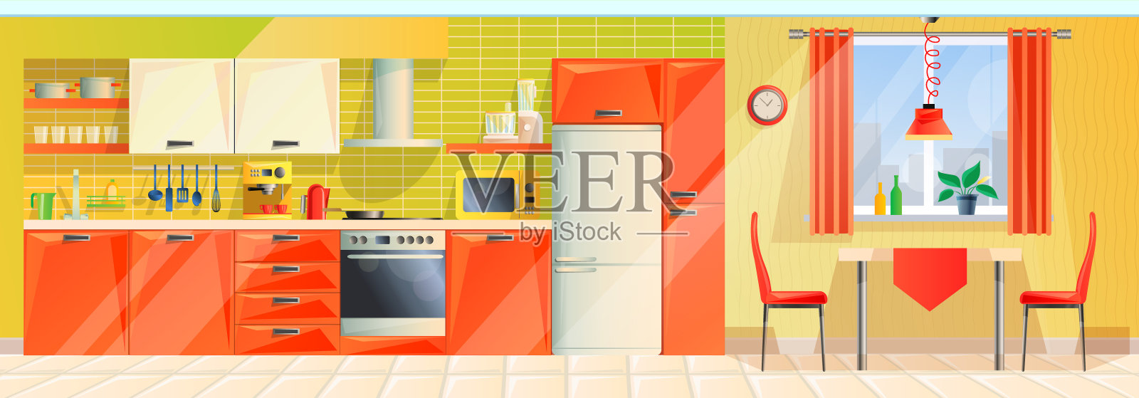 室内现代化的厨房，全景，里面配有电器、家具、配件。插画图片素材