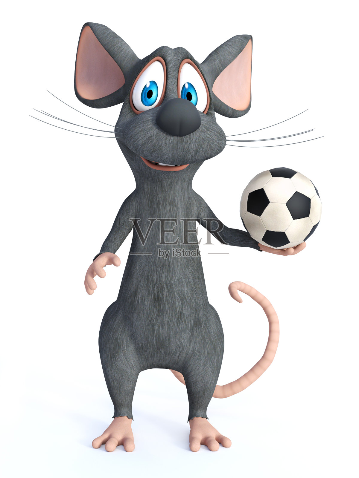 一个卡通鼠标与足球摆姿势的3D渲染。照片摄影图片