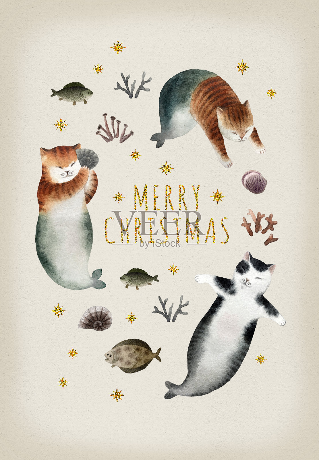 猫圣诞明信片插画图片素材