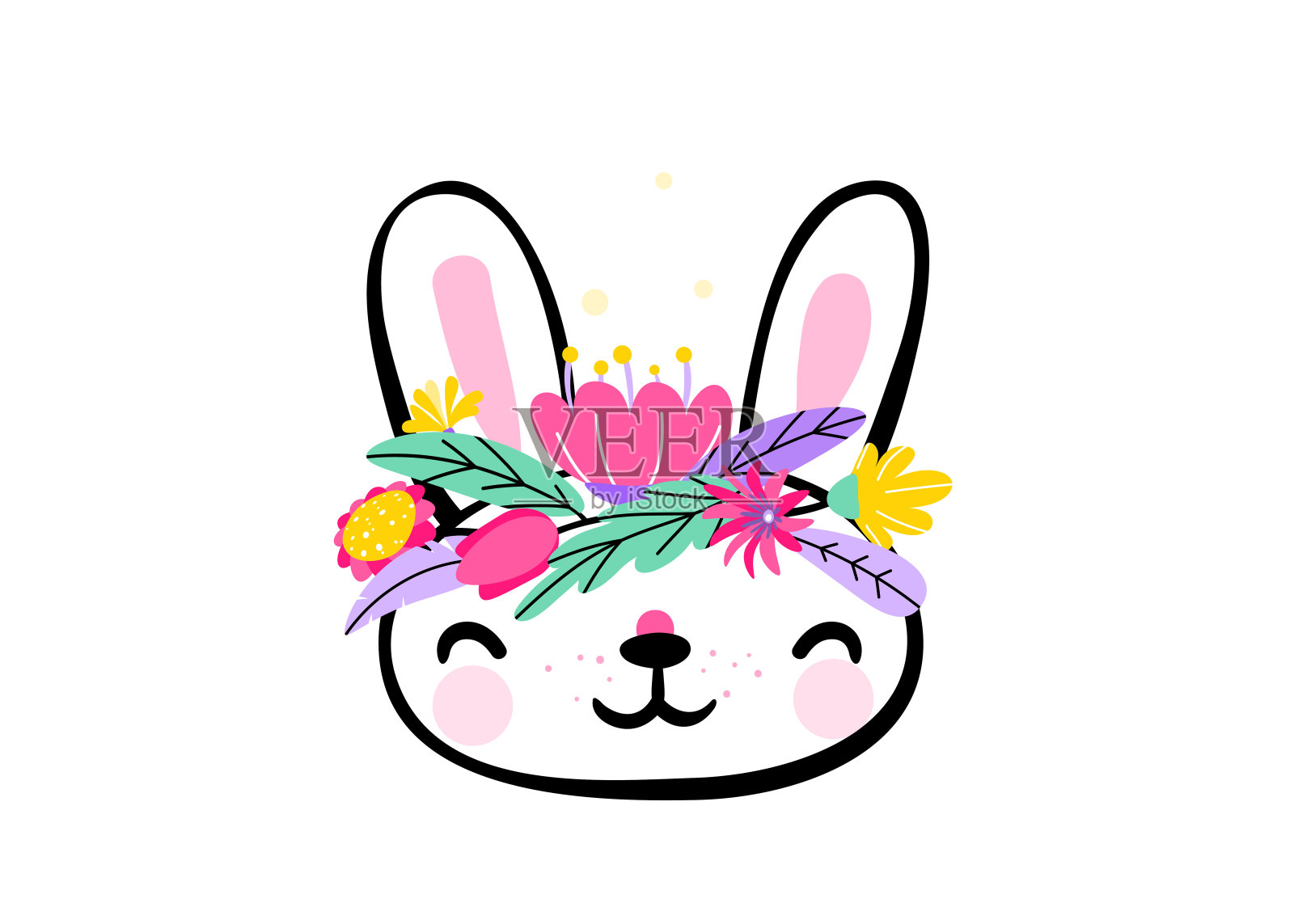 可爱的复活节兔子的脸与最小幻想春天的花朵在他的头。矢量插图在手绘草图轮廓风格设计元素图片