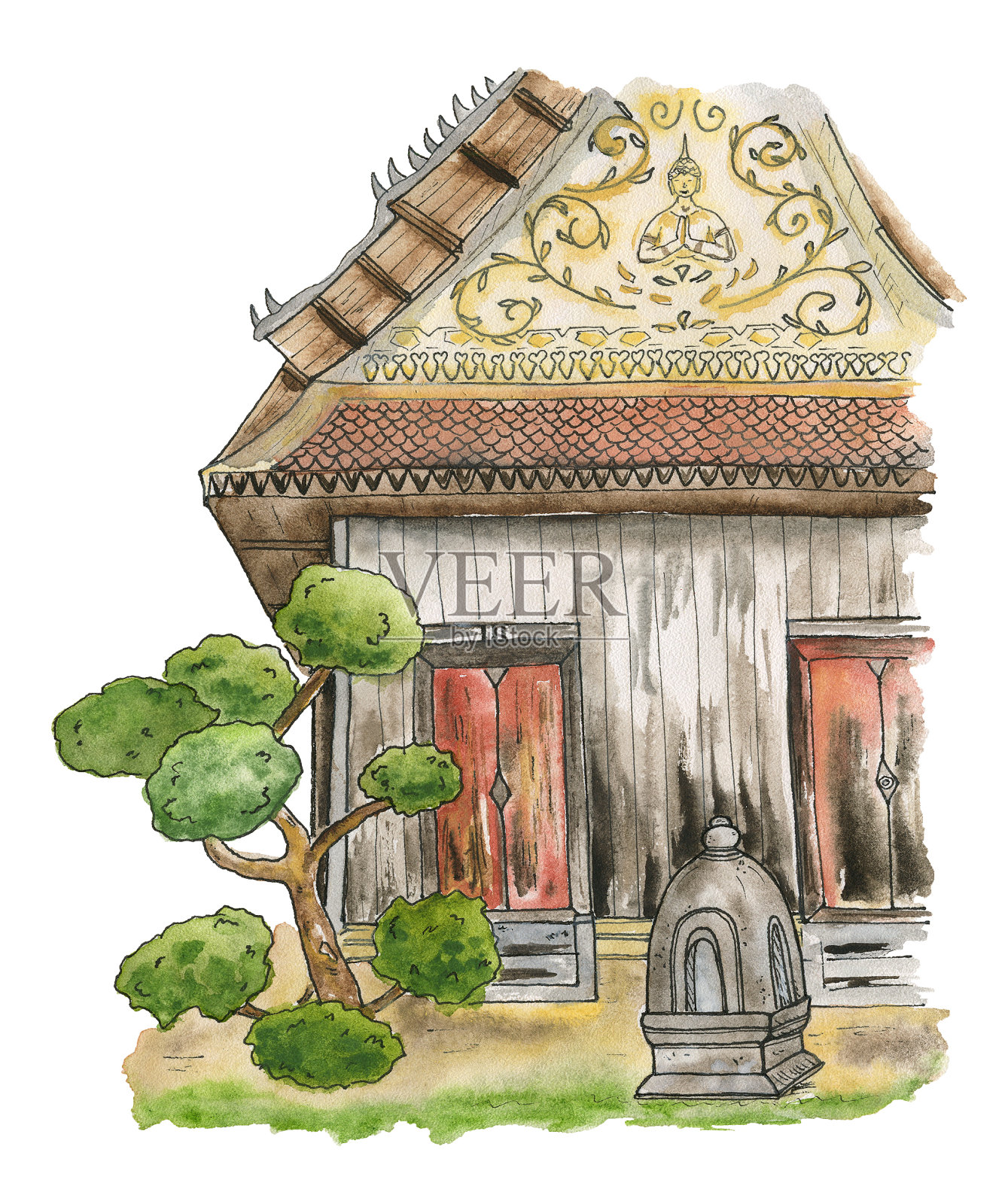 泰国古老的木制寺庙。一座传统的木制建筑，坐落在一座佛教寺庙的场地上。插画图片素材