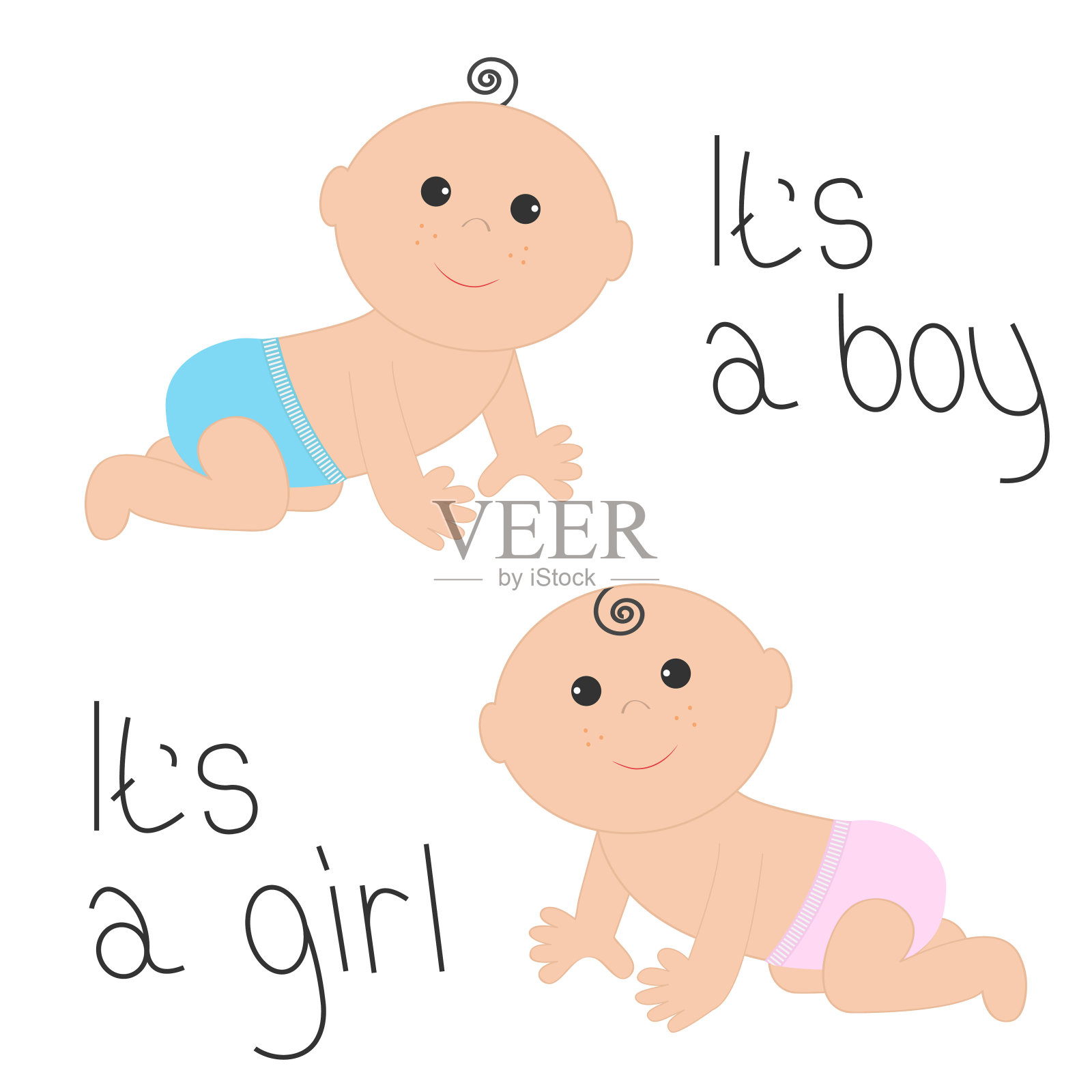 可爱的男孩和女孩爬在粉红色的蓝色纸尿裤图标集。是个男孩。是个女孩。孤立。白色背景。婴儿洗澡。卡通人物。平面设计。插画图片素材