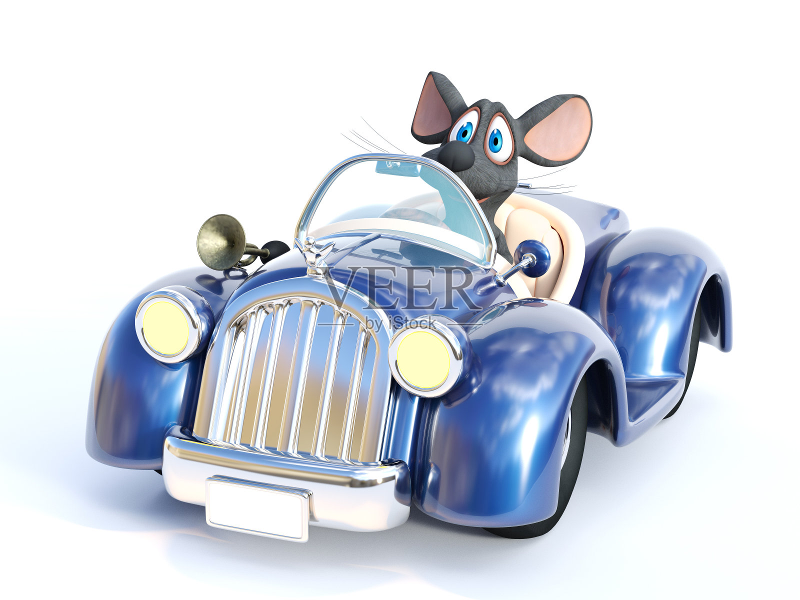 一个卡通鼠标驾驶汽车的3D渲染。照片摄影图片