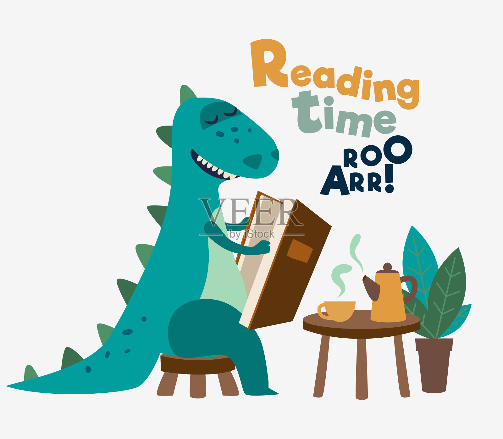 可爱的恐龙看书。有趣的霸王龙在桌子上喝茶插画图片素材
