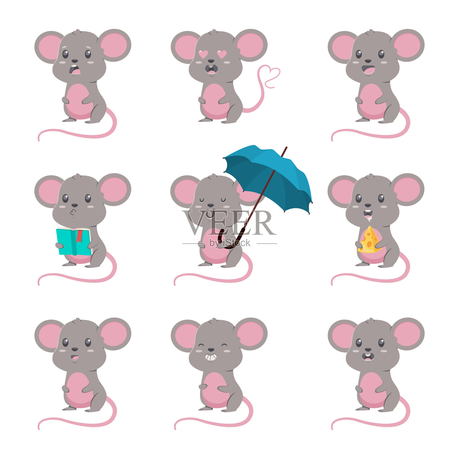 可爱的卡通鼠标向量集。人物插图的老鼠与不同的情绪隔离在一个白色的背景。设计元素图片