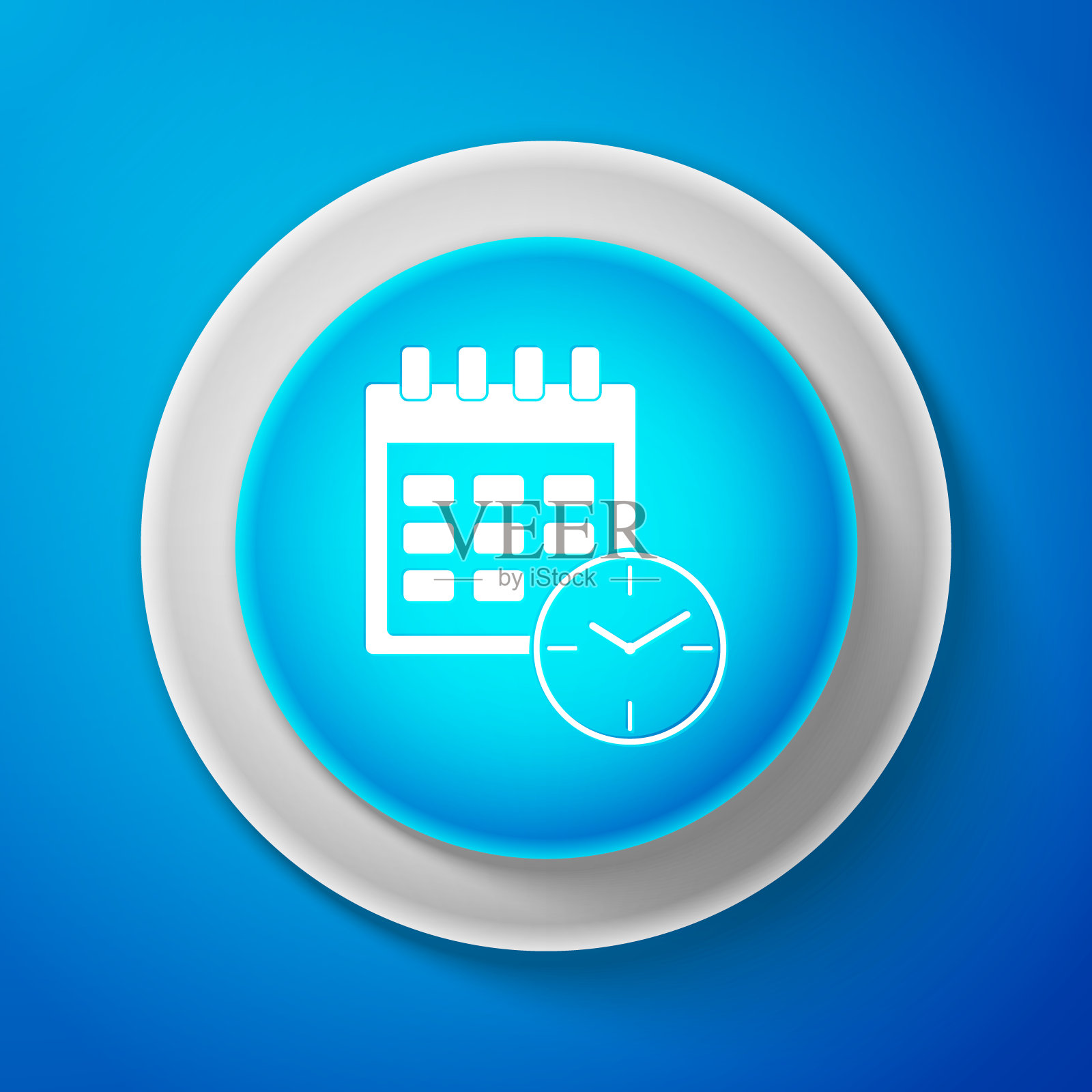 日历和时钟图标隔离在蓝色背景。进度表，预约，组织者，时间表，时间管理，重要日期。日期和时间标记。圈蓝色按钮。矢量图插画图片素材