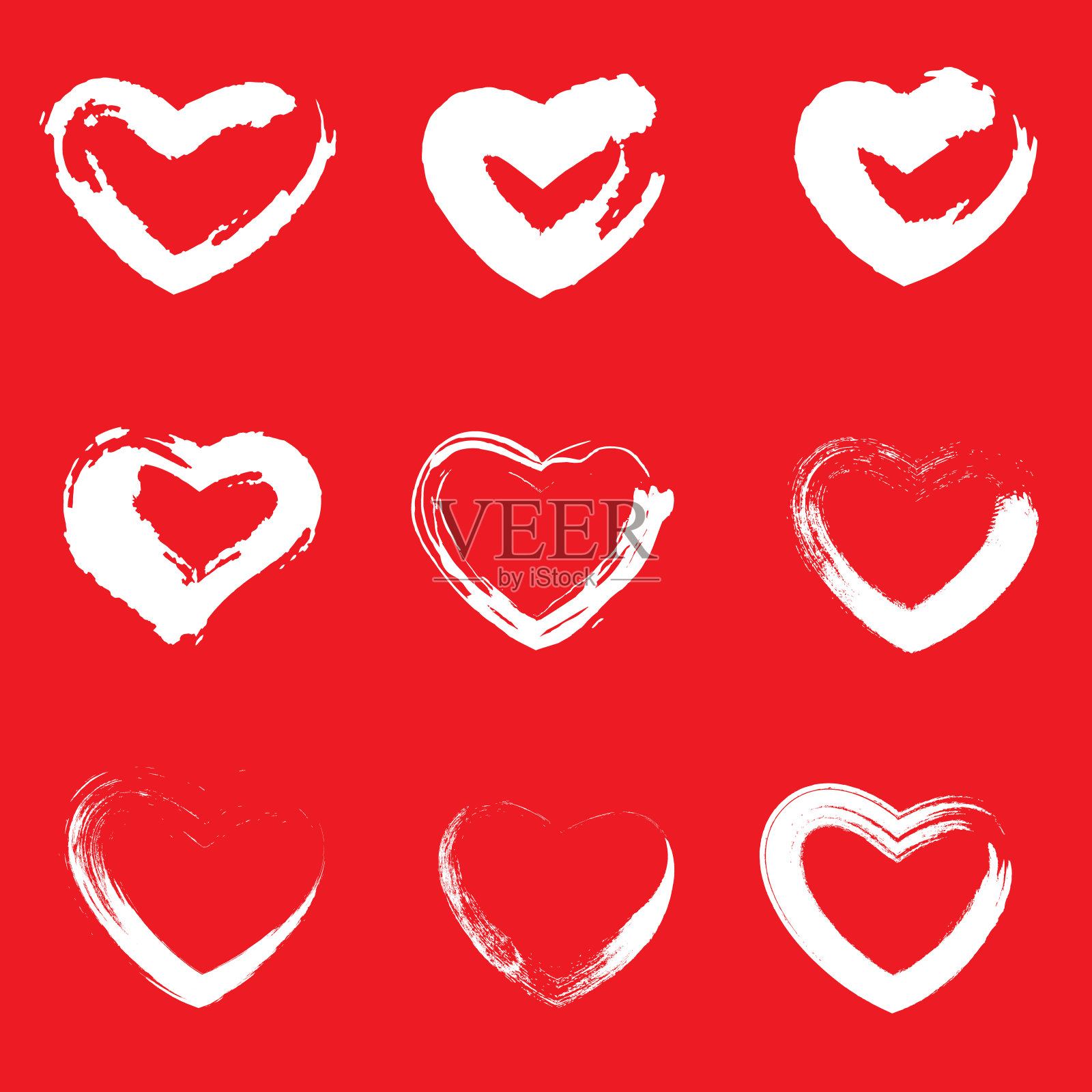 图标一套红色的心。画的心从Grunge笔触。收集爱的象征为情人节卡片，横幅。纹理的设计元素。孤立在红色背景上。矢量图插画图片素材