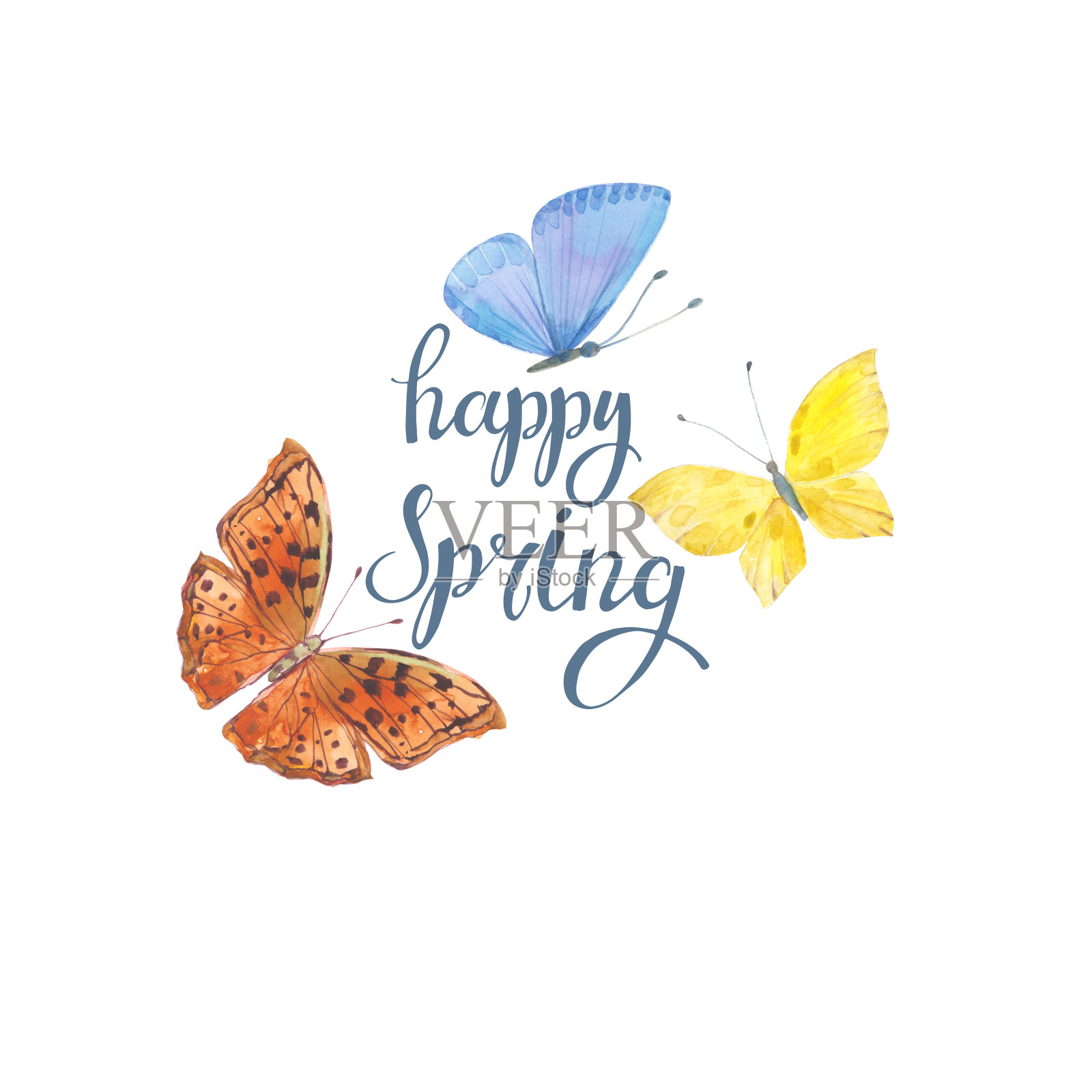 快乐的春天。背景与手绘水彩蝴蝶。素描插图与文字，邀请或贺卡。插画图片素材