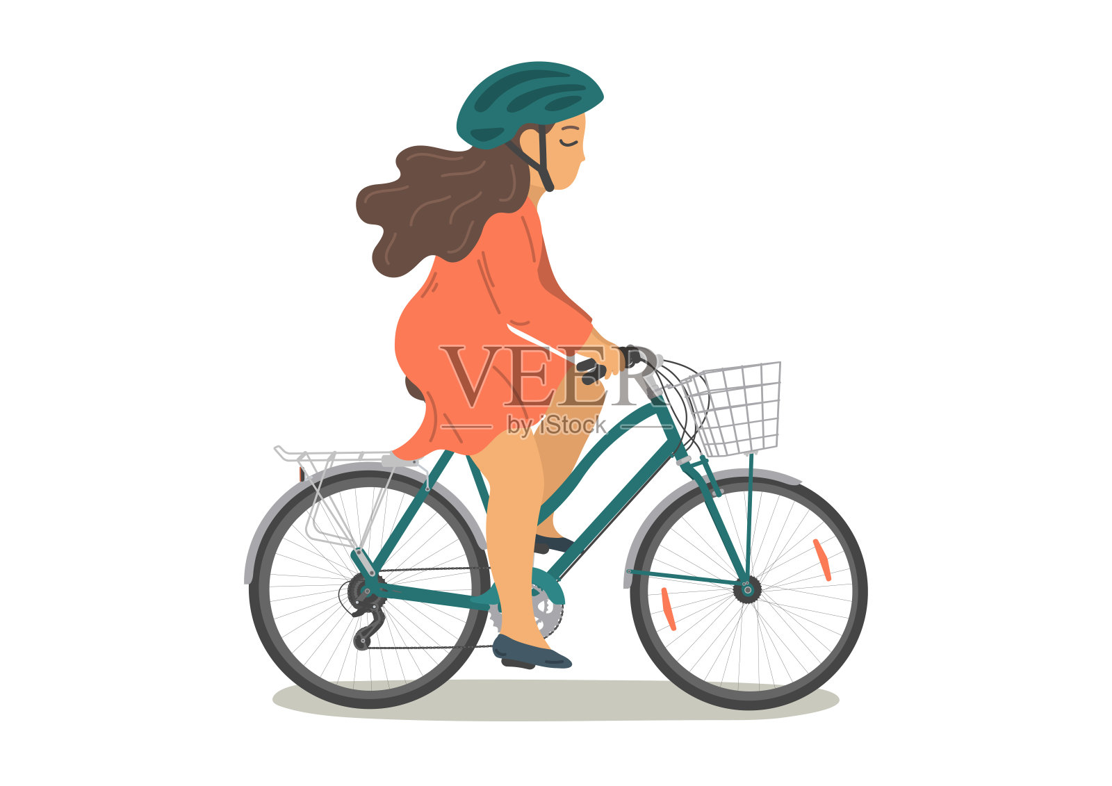 戴着头盔骑在自行车上的女人。设计元素图片