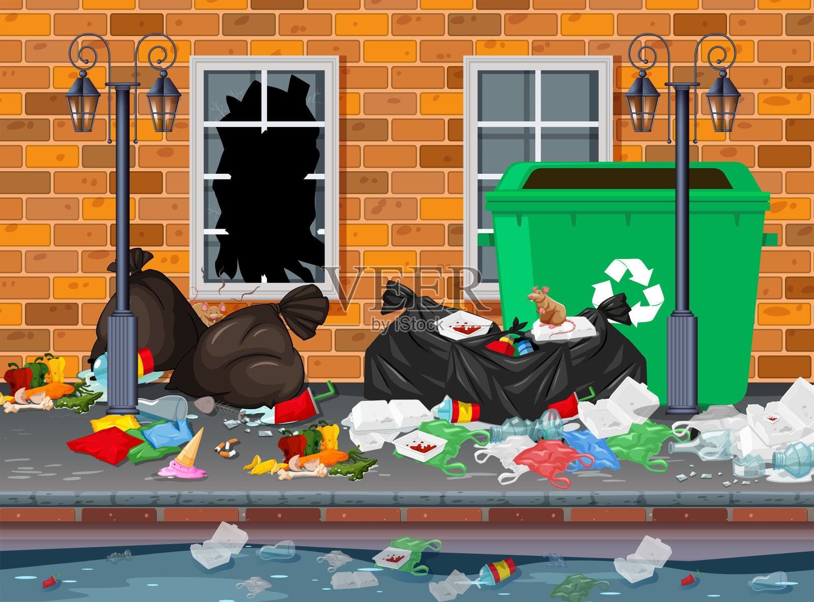 城市背景中的垃圾插画图片素材