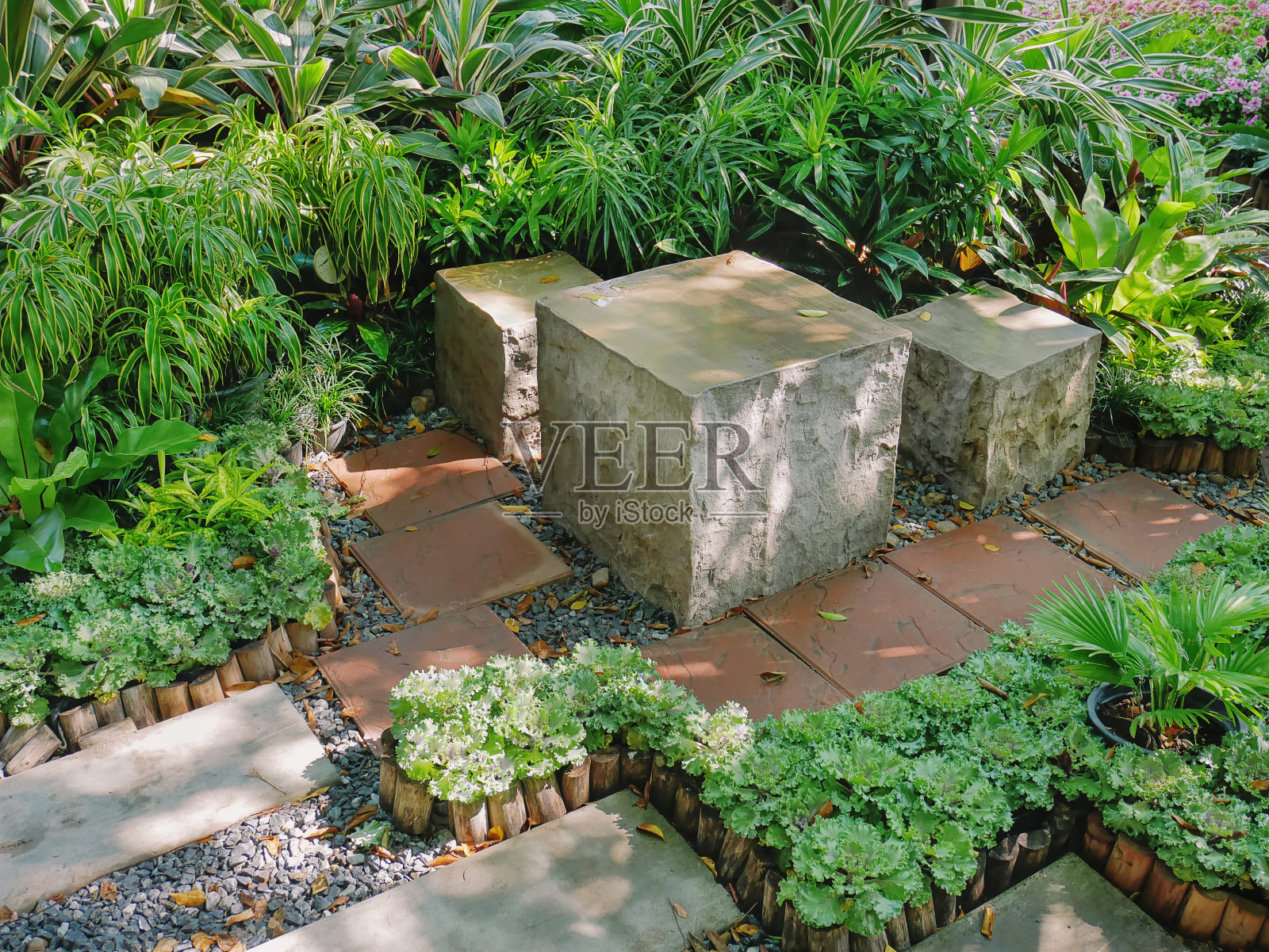 立方体的混凝土座椅和桌子在花园里照片摄影图片