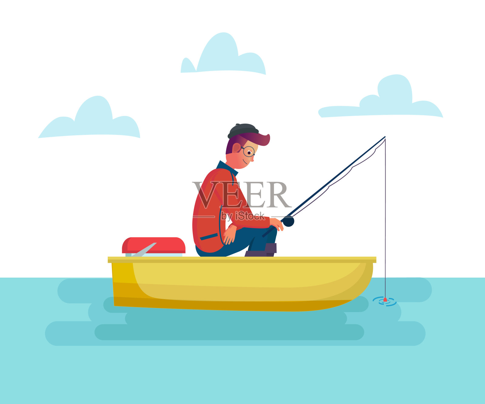 渔夫手持鱼竿在湖上或海上的小船上钓鱼。矢量卡通男性插画插画图片素材