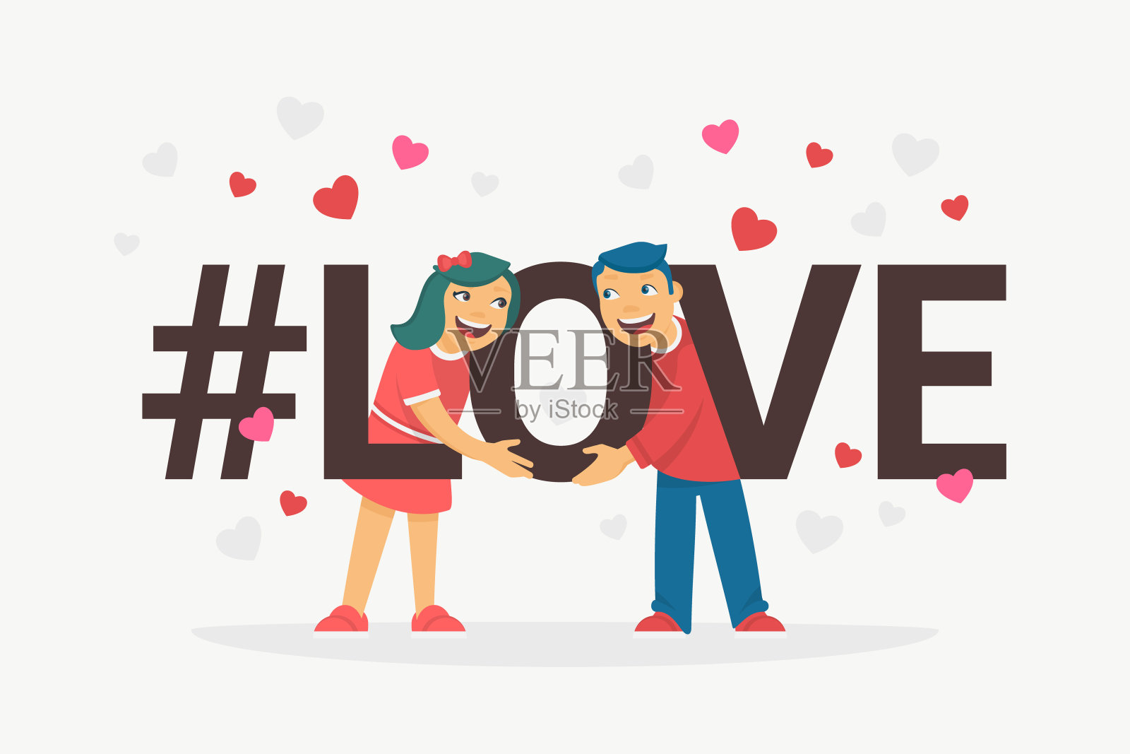 标签爱情概念平面矢量插图的年轻男孩和女孩拥抱字母爱和微笑插画图片素材