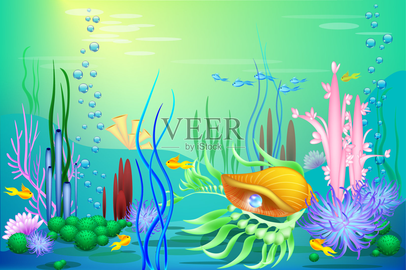 向量海底世界与一个金色的贝壳和鱼。不同的海藻和一颗蓝色珍珠插画图片素材