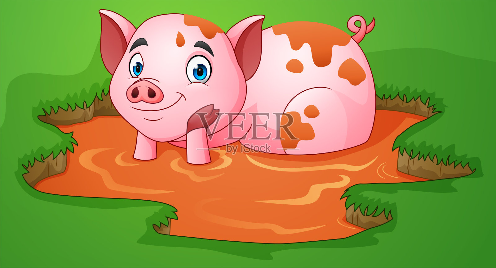卡通猪在农场里玩泥坑插画图片素材