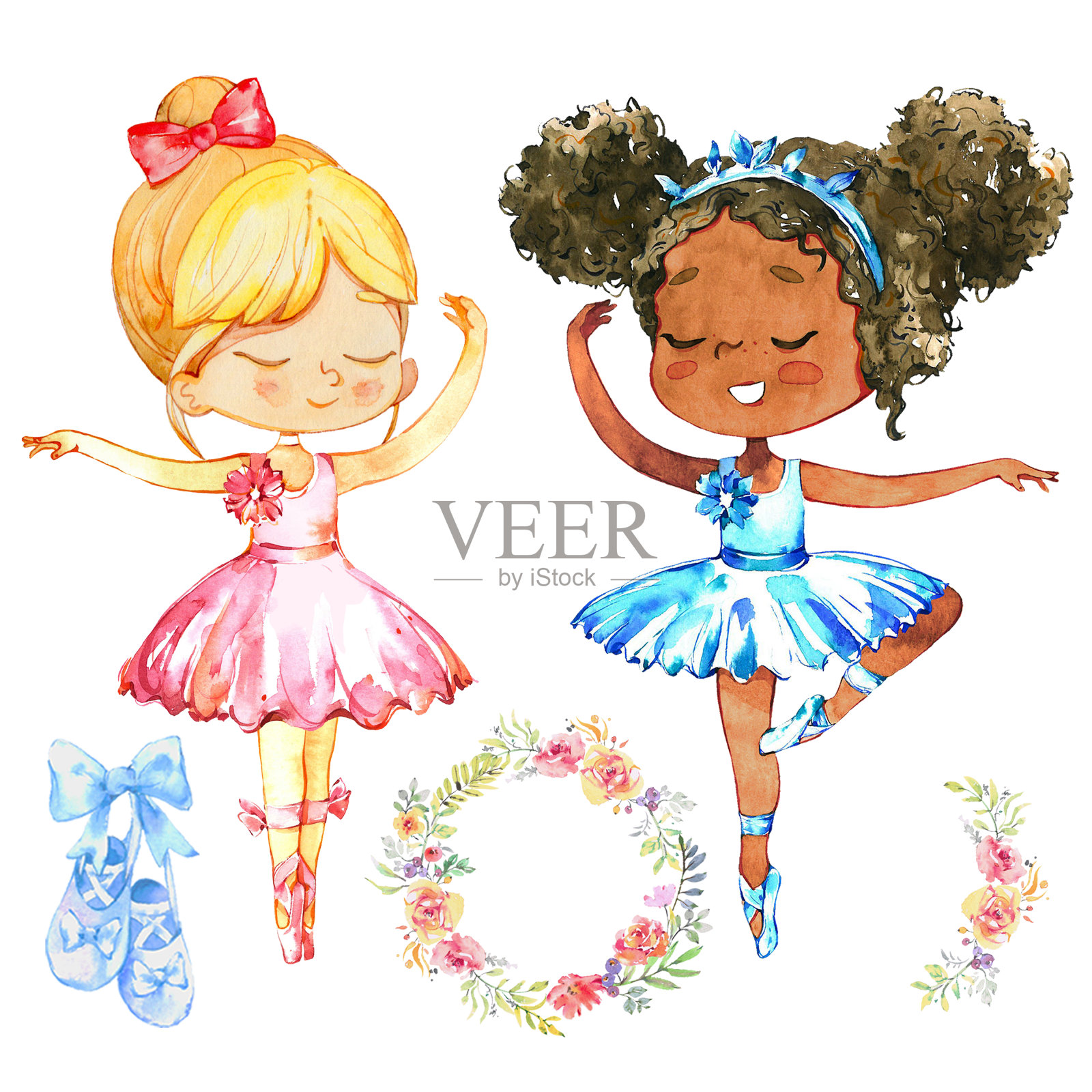 非洲白人芭蕾舞女演员角色集。可爱的朋友穿着蓝色和粉红色的芭蕾舞裙在芭蕾舞学校班训练。婴儿舞者美丽的海报设计平面卡通插图。插画图片素材