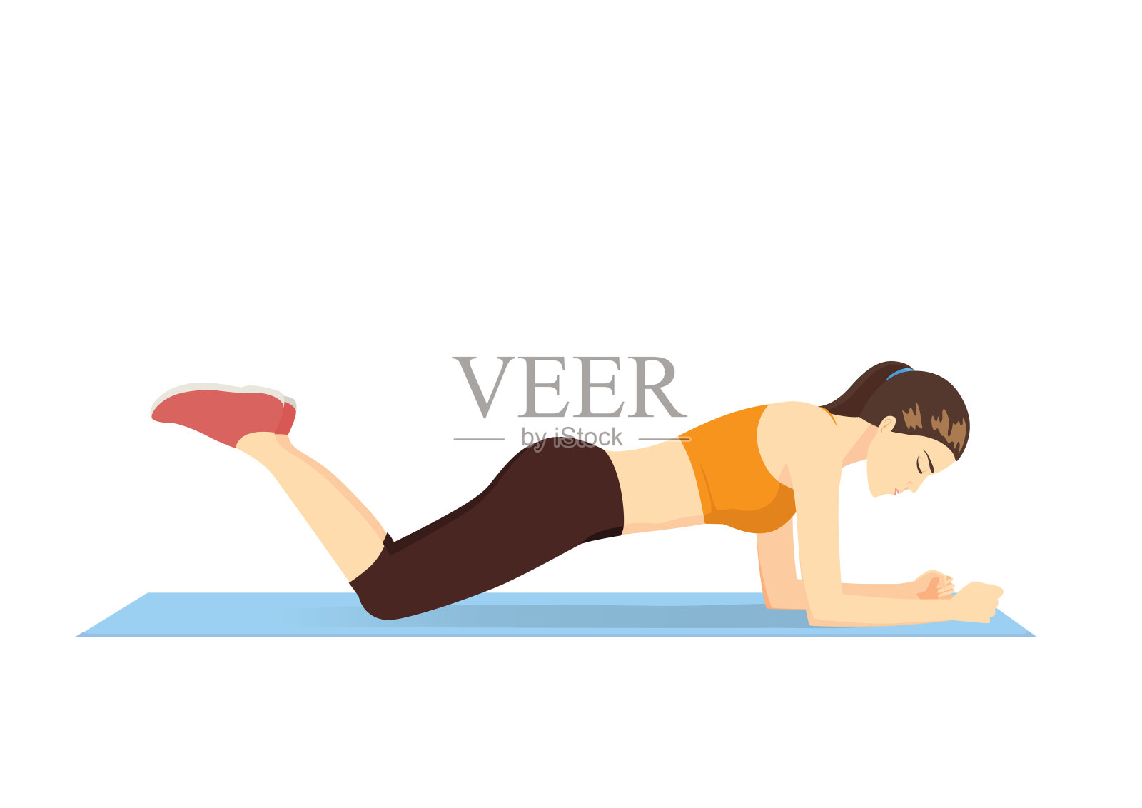 女子做腹部运动身体与膝盖平板位置在蓝色垫子上。插画图片素材