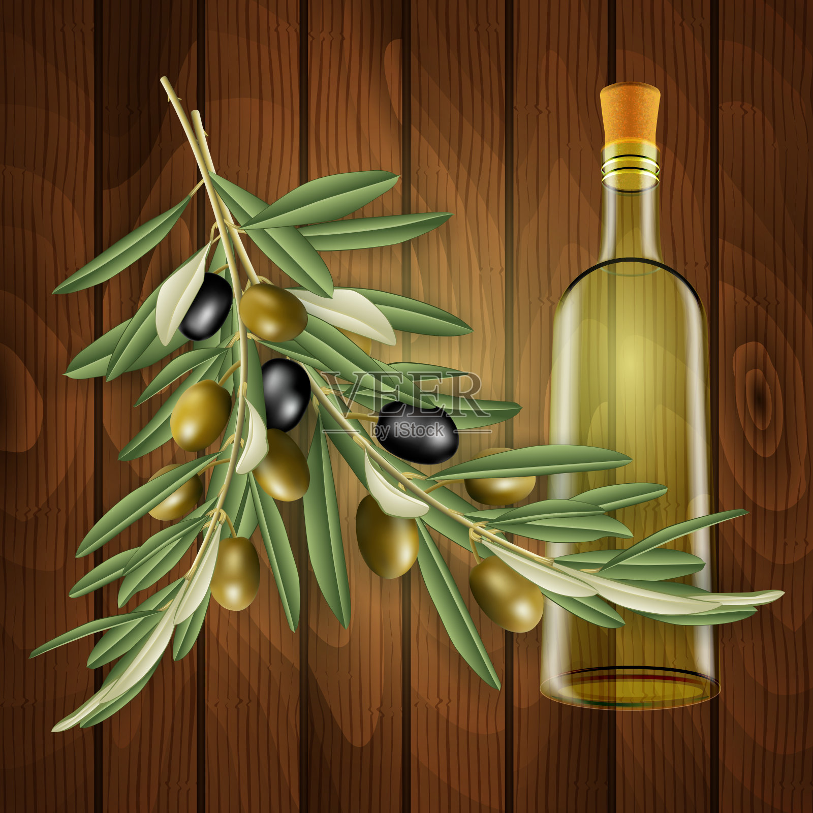 橄榄枝，瓶子和木头背景插画图片素材