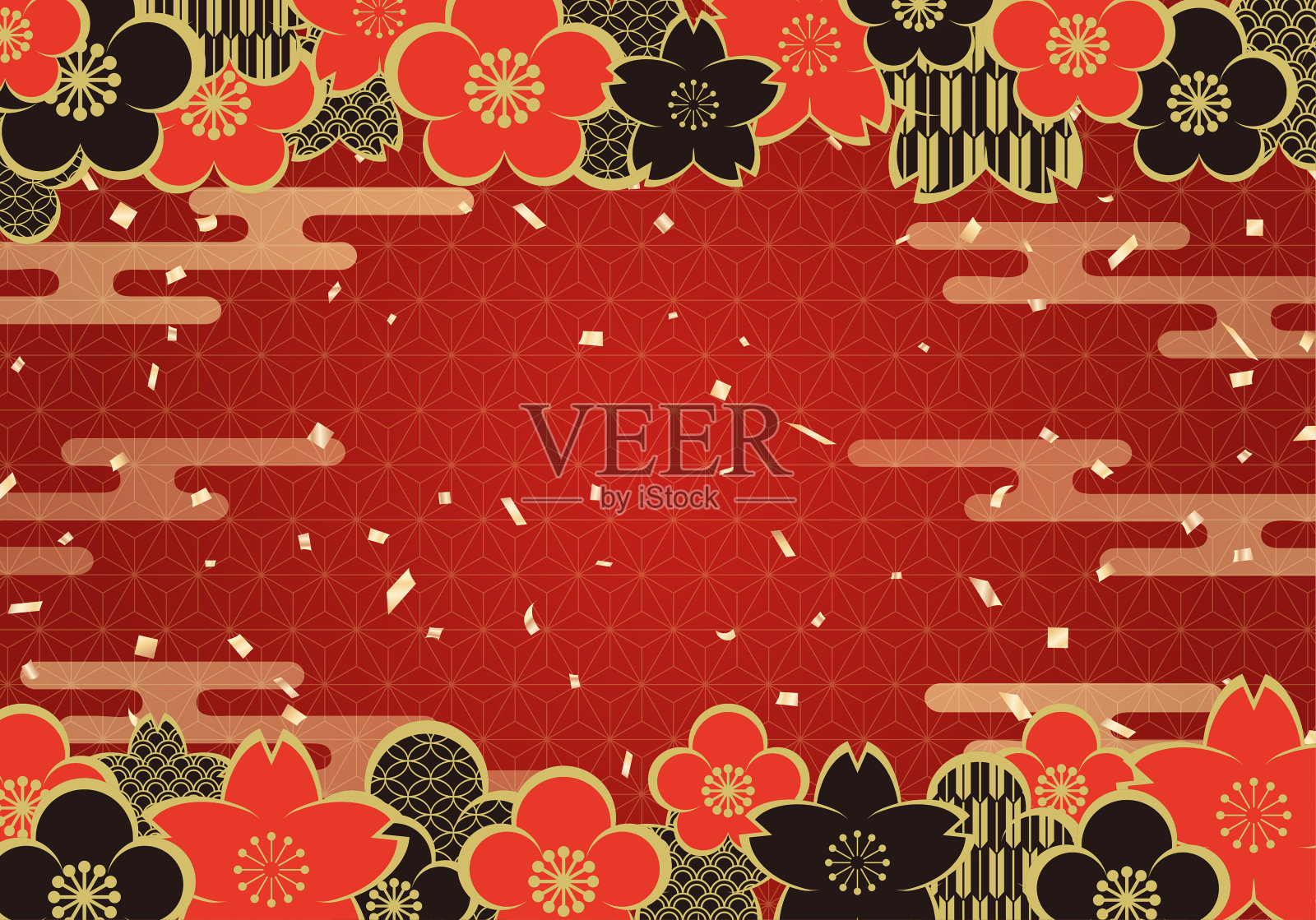 日本复古图案背景与樱花，梅花，和金色纸屑插画图片素材
