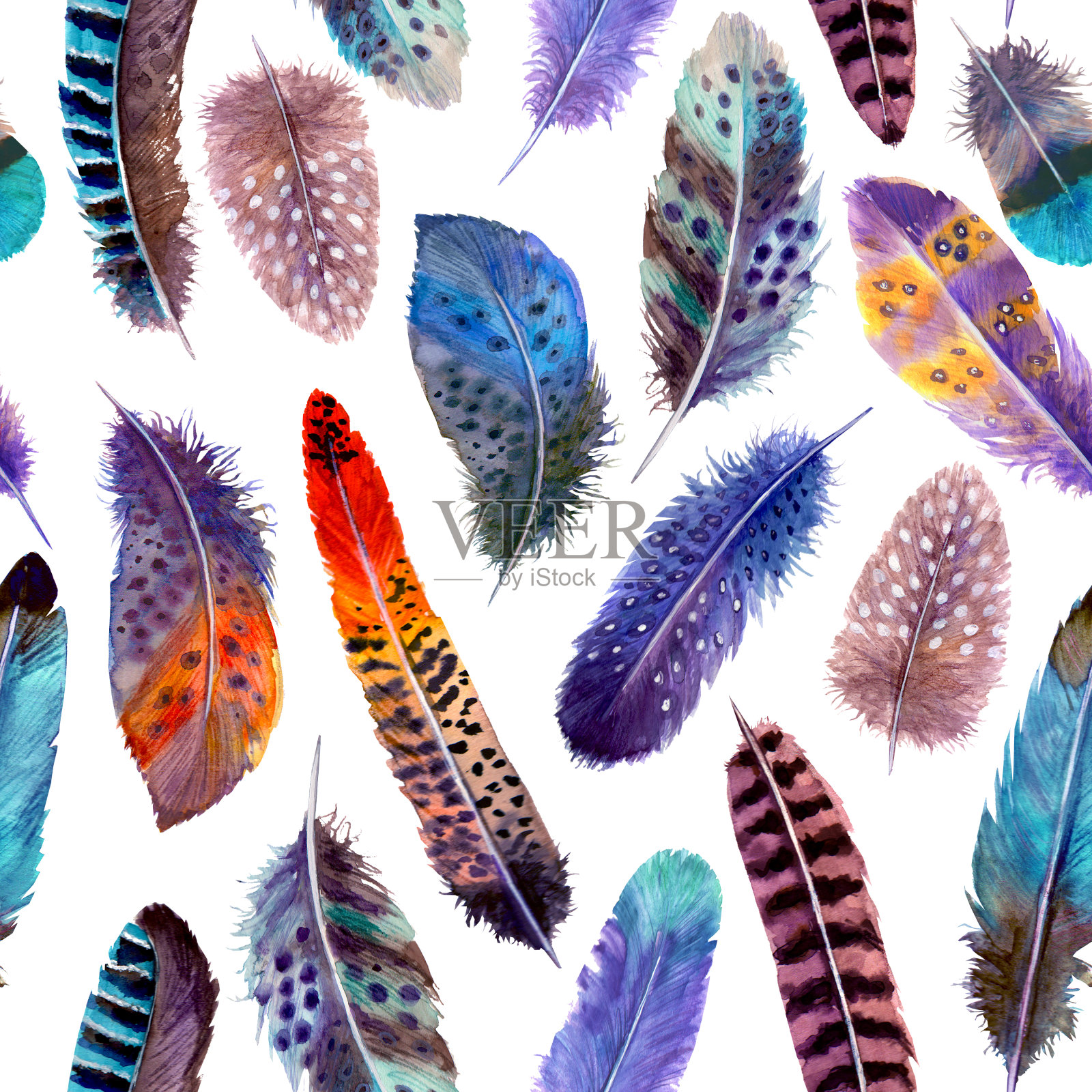 手绘水彩鸟羽毛充满活力明亮无缝图案插图。设计元素图片