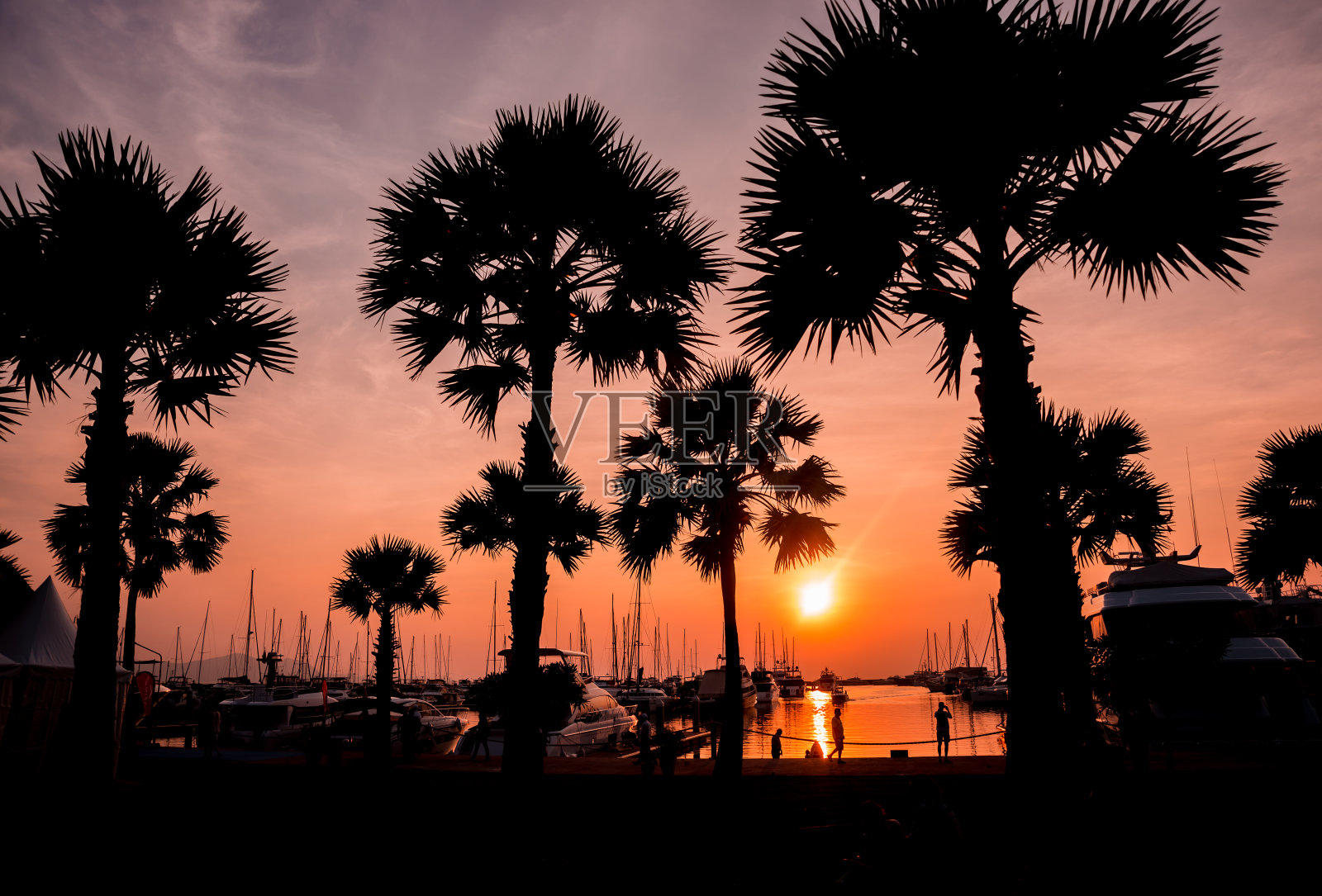 滨海湾美丽的日落天空。游艇和摩托艇的港口景观。海边的日落。照片摄影图片