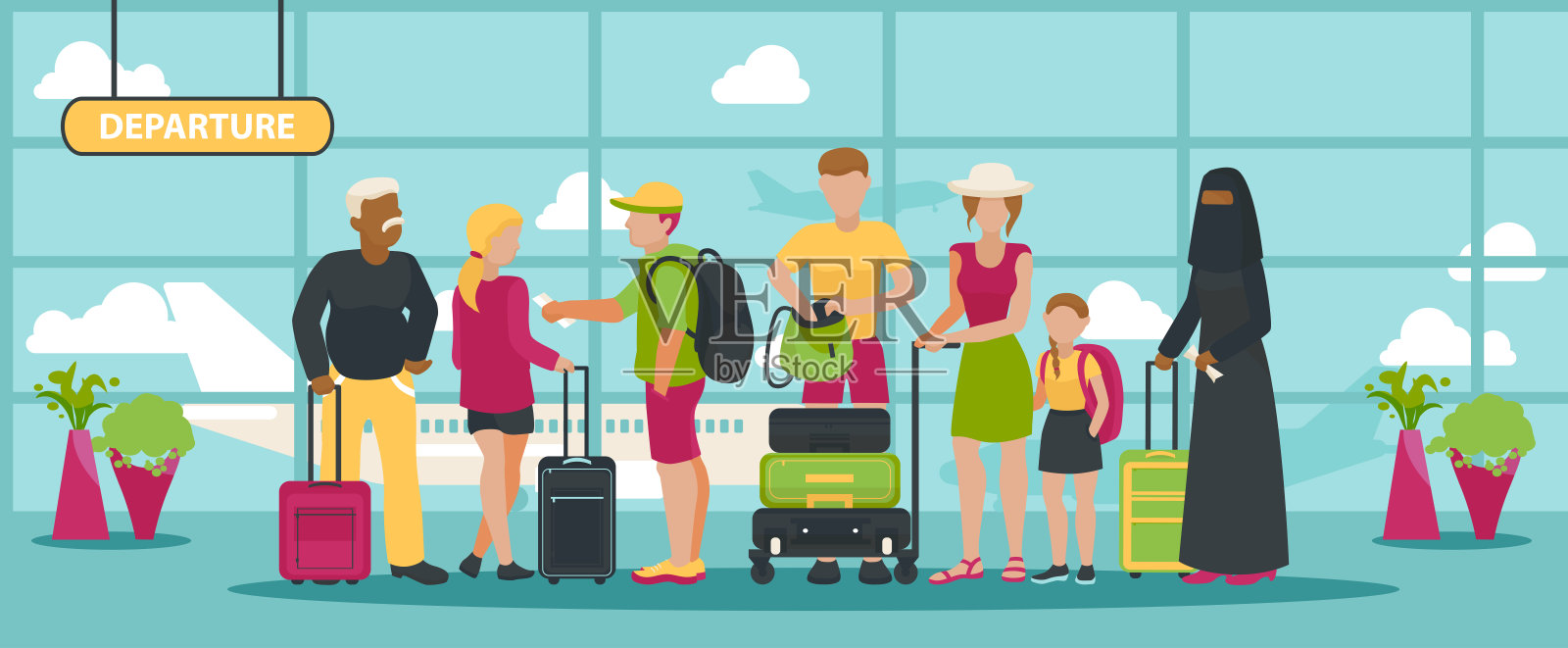 机场向量旅行的人等待航班与行李在候机楼插图背景乘客人物度假背景男人女人和孩子与行李插画图片素材